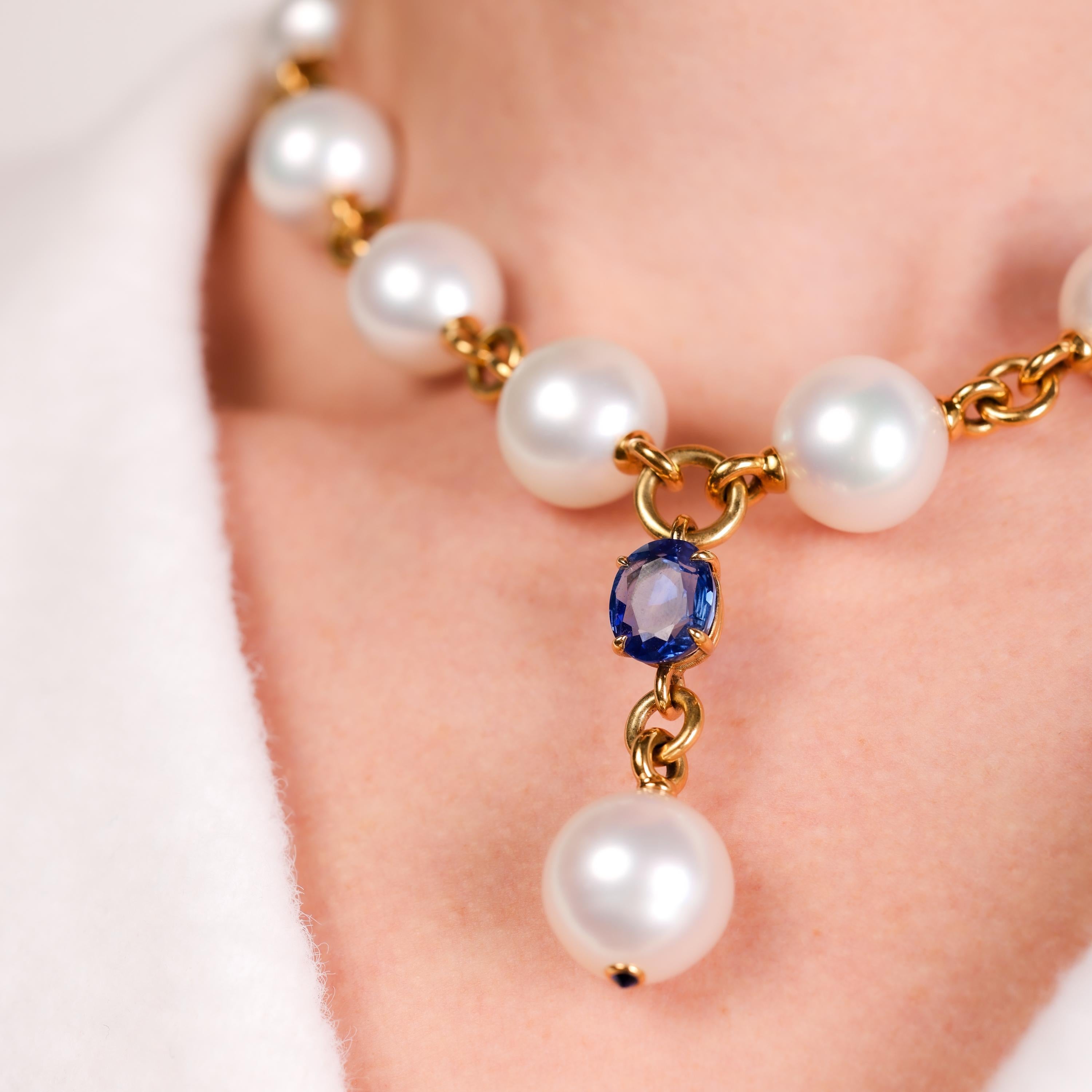 Oval Cut Verdura 5.60 carat sapphire south sea pearl 18k yellow gold Y drop necklace
