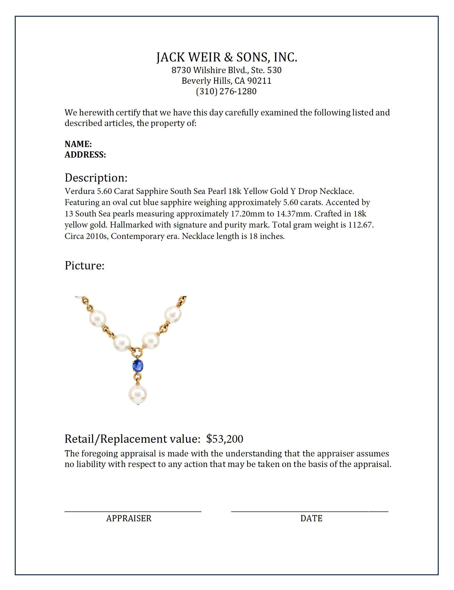 Verdura 5.60 carat sapphire south sea pearl 18k yellow gold Y drop necklace In Excellent Condition In Beverly Hills, CA