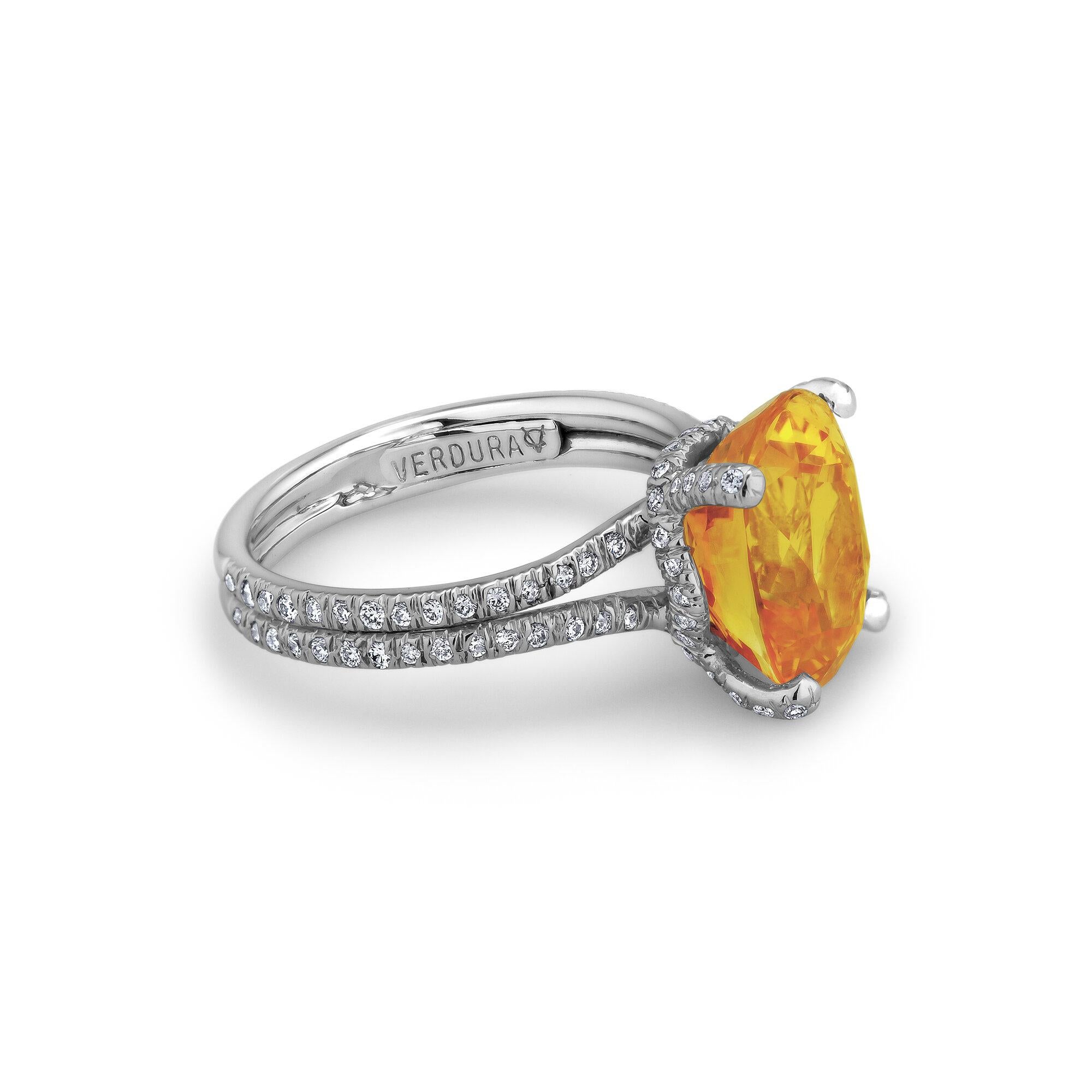 Contemporary Verdura 5.70 Carat Orangish Yellow Cushion Cut Sapphire Diamond Platinum Ring