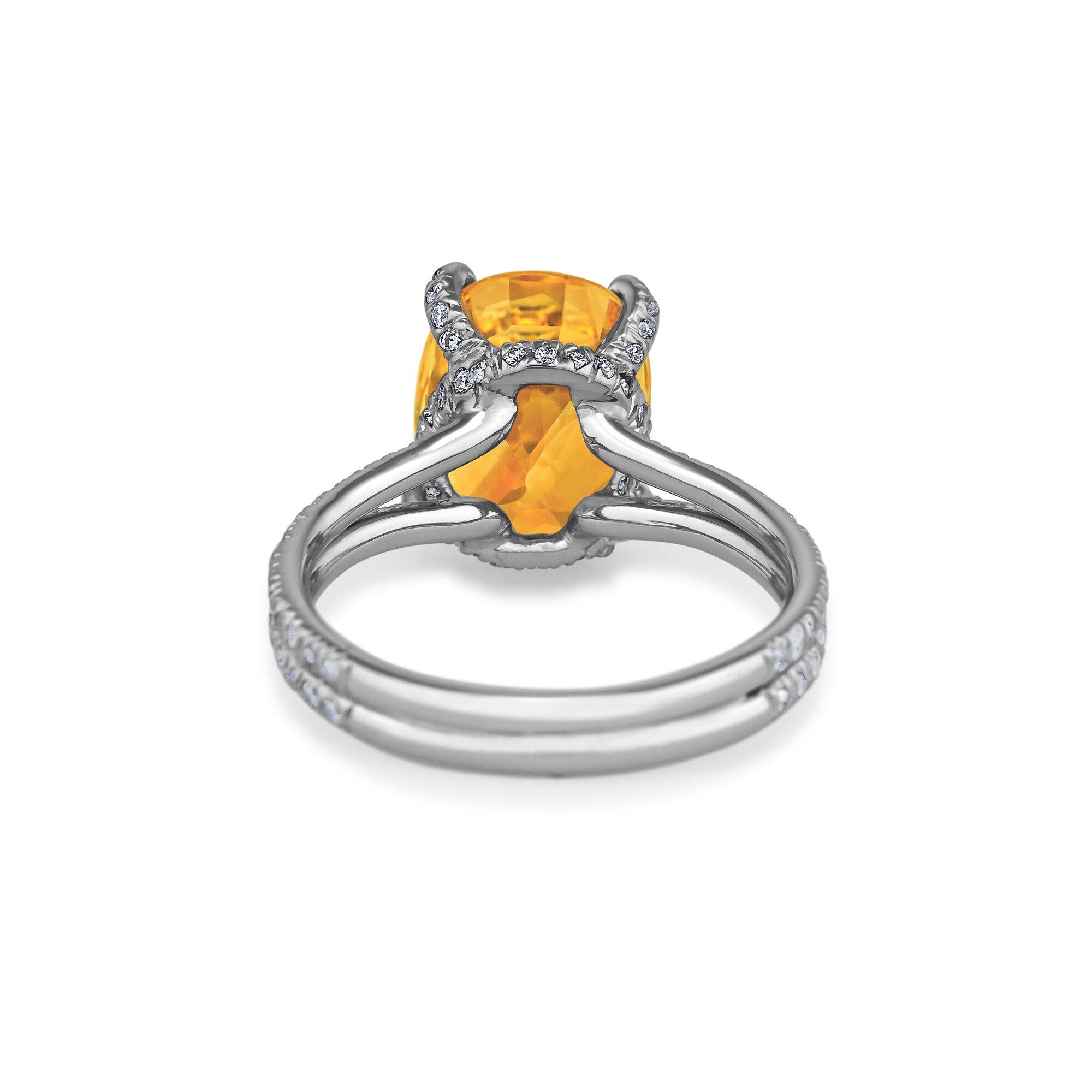 Verdura 5.70 Carat Orangish Yellow Cushion Cut Sapphire Diamond Platinum Ring In Excellent Condition In Greenwich, CT