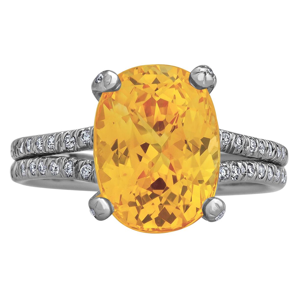 Verdura 5.70 Carat Orangish Yellow Cushion Cut Sapphire Diamond Platinum Ring