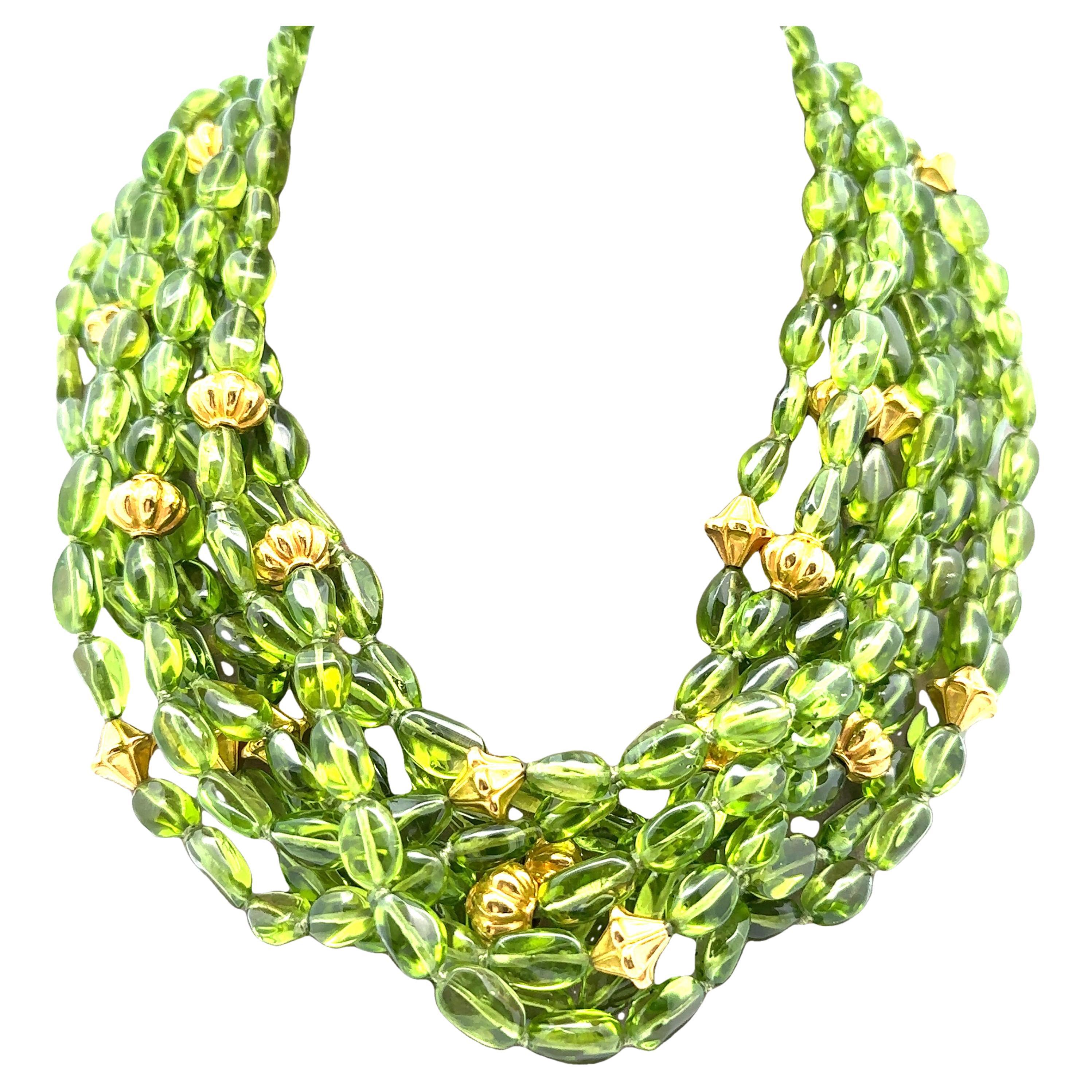 Verdura 9 Strand Tumbled Peridot w/ 18k Gold Beads & Hook Clasp Torsade Necklace