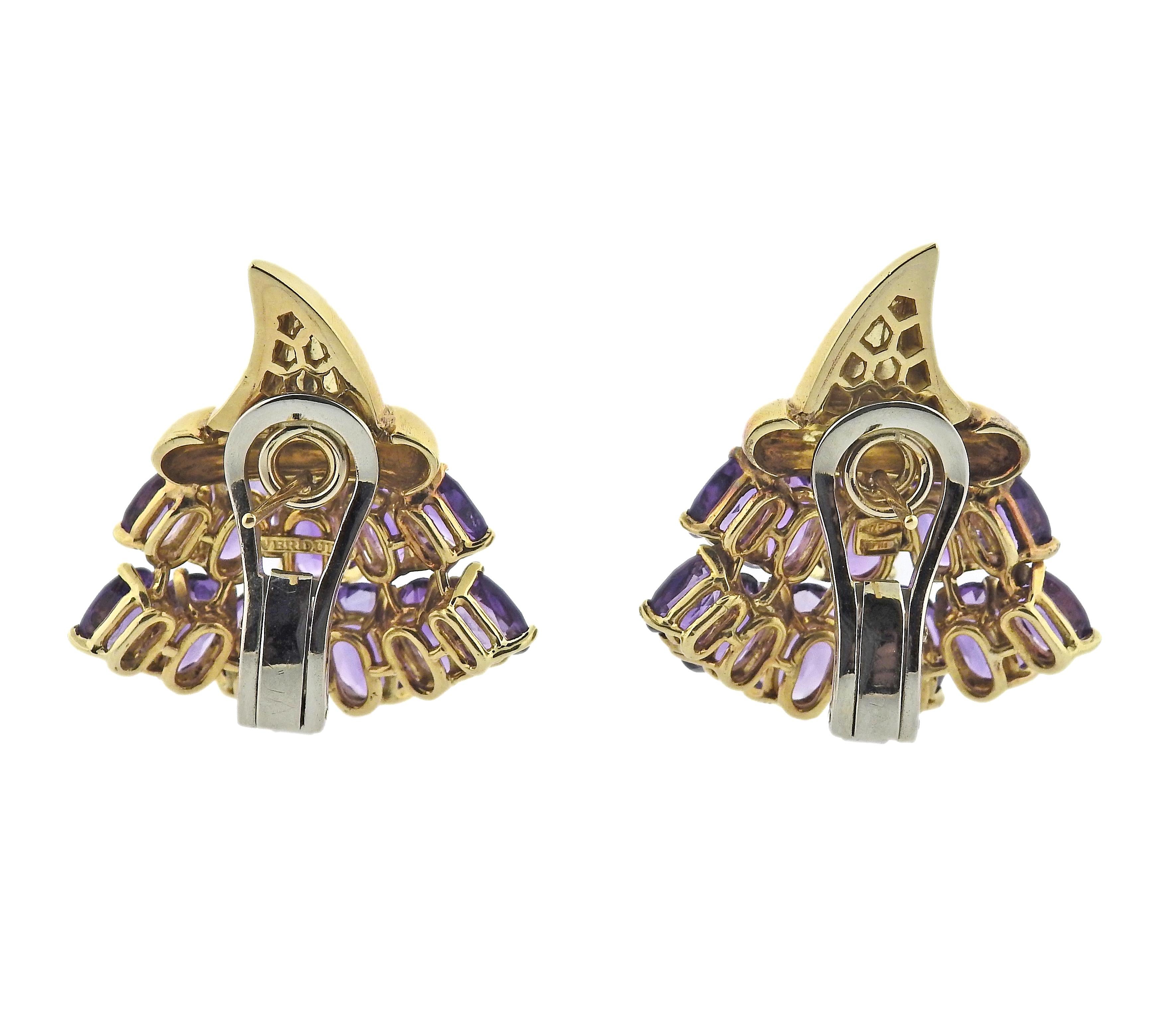 Pair of 18k gold Verdura Cornucopia earrings with amethyst. Come with box. Earrings are 30mm x 28mm. Marked: 750, Italian maker's mark (514 NA). Weight - 24.6 grams. 