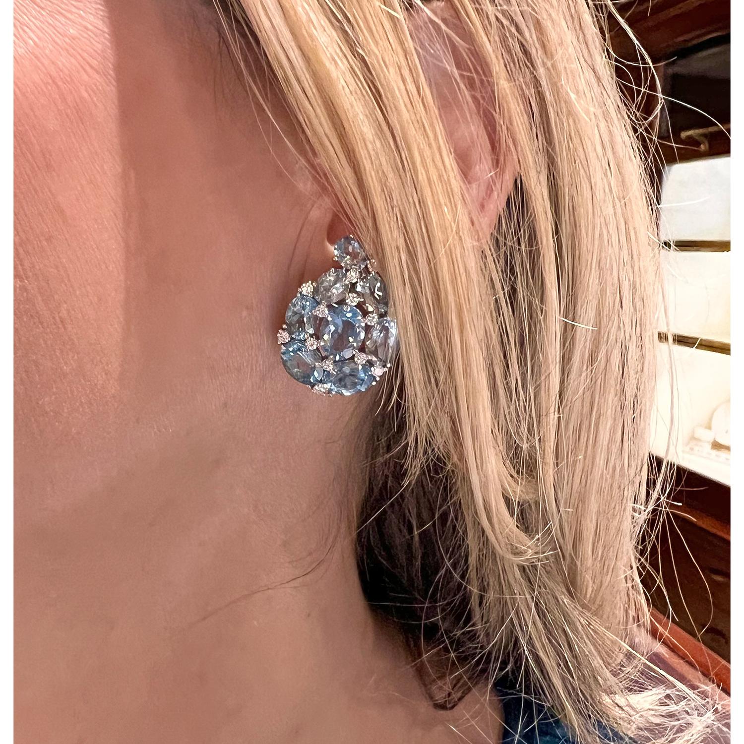Verdura aquamarine and diamond 'Paisley' cluster earrings, handmade in 18k white gold. Sixteen aquamarines weighing 17.38 total carats. Twenty-six round brilliant-cut diamonds weighing 0.88 total carats. Clip backs (posts may be added upon request).