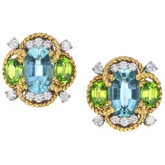 Verdura Aquamarine Peridot Diamond Yellow Gold Quatrefoil Clip Earrings