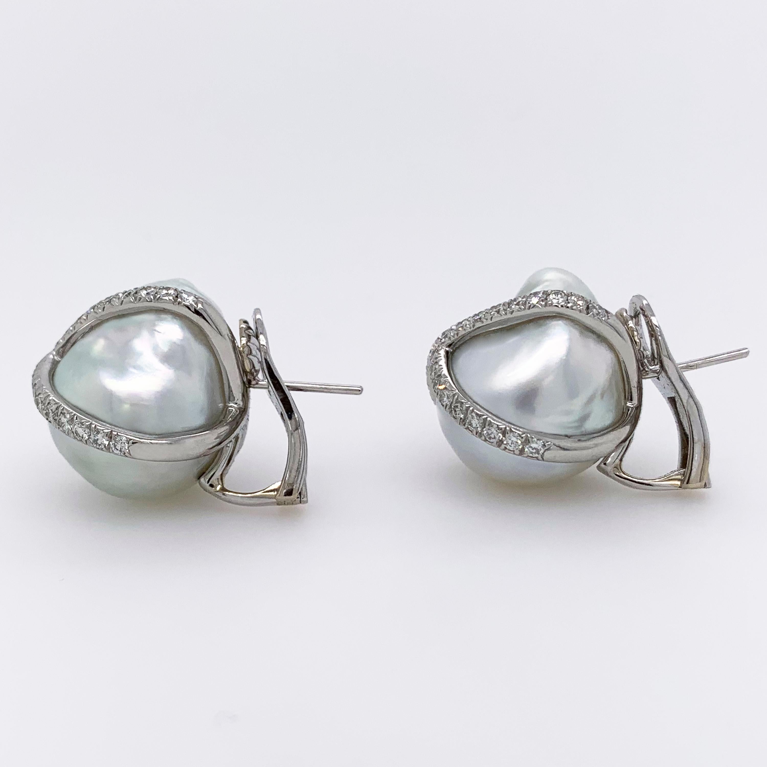 Round Cut Verdura Baroque South Sea Cultured Pearl & Diamond Earrings in Platinum & 18kwg