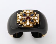 Verdura Black Jade Ruby Sapphire Pearl Diamond Maltese Cross Cuff Bracelet