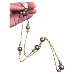 Retro Verdura Black Pearl Link Necklace with Rose Cut Diamonds 18k Yellow Gold