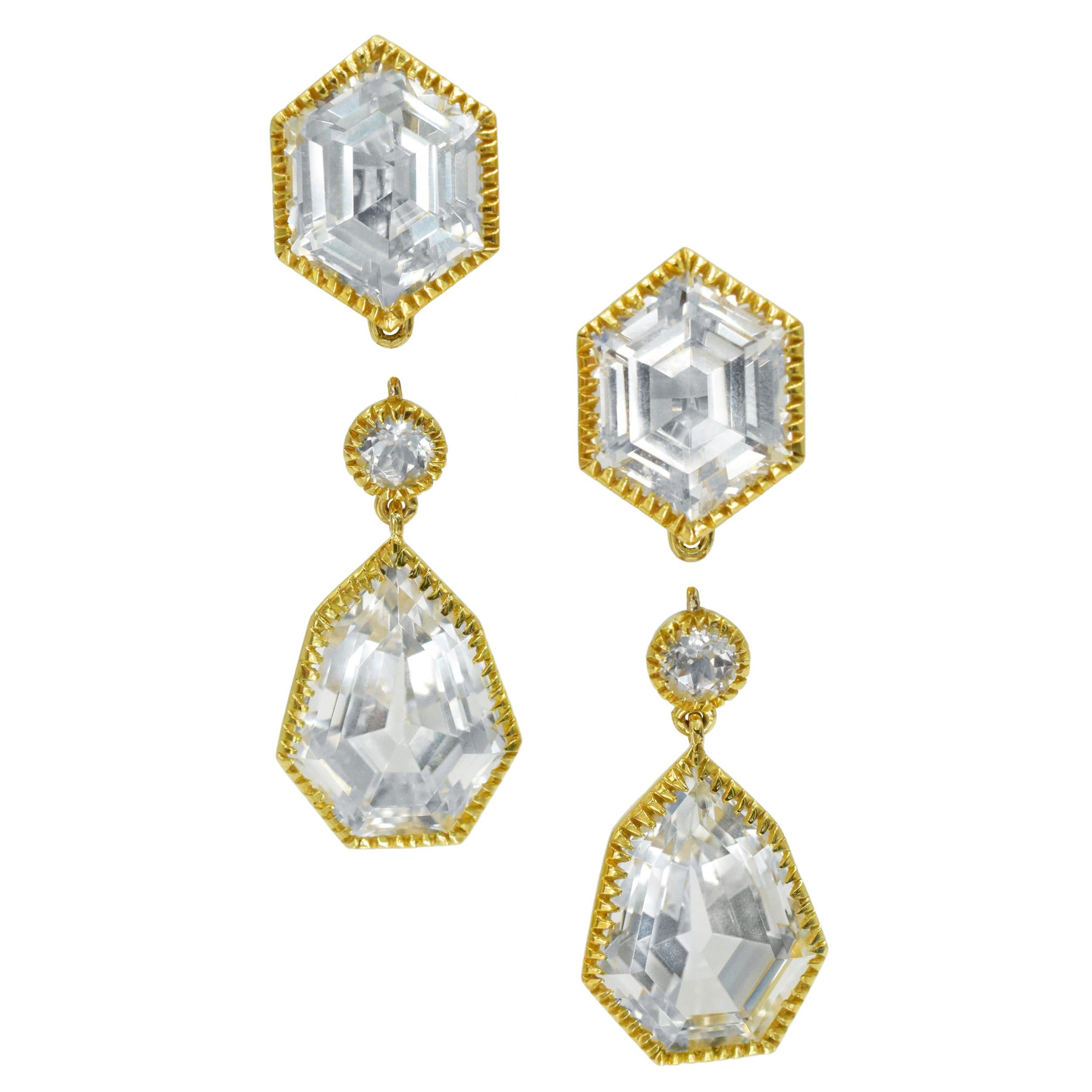Verdura drop earrings from the Byzantine collection  This pair of earrings has 6 white topaz stones weighing approximately 5 carats  all bezel set in 18 karat yellow gold with clip backs.
 Pendants are detachable.
 Signed Verdura, 750, 18k, 3494AL
