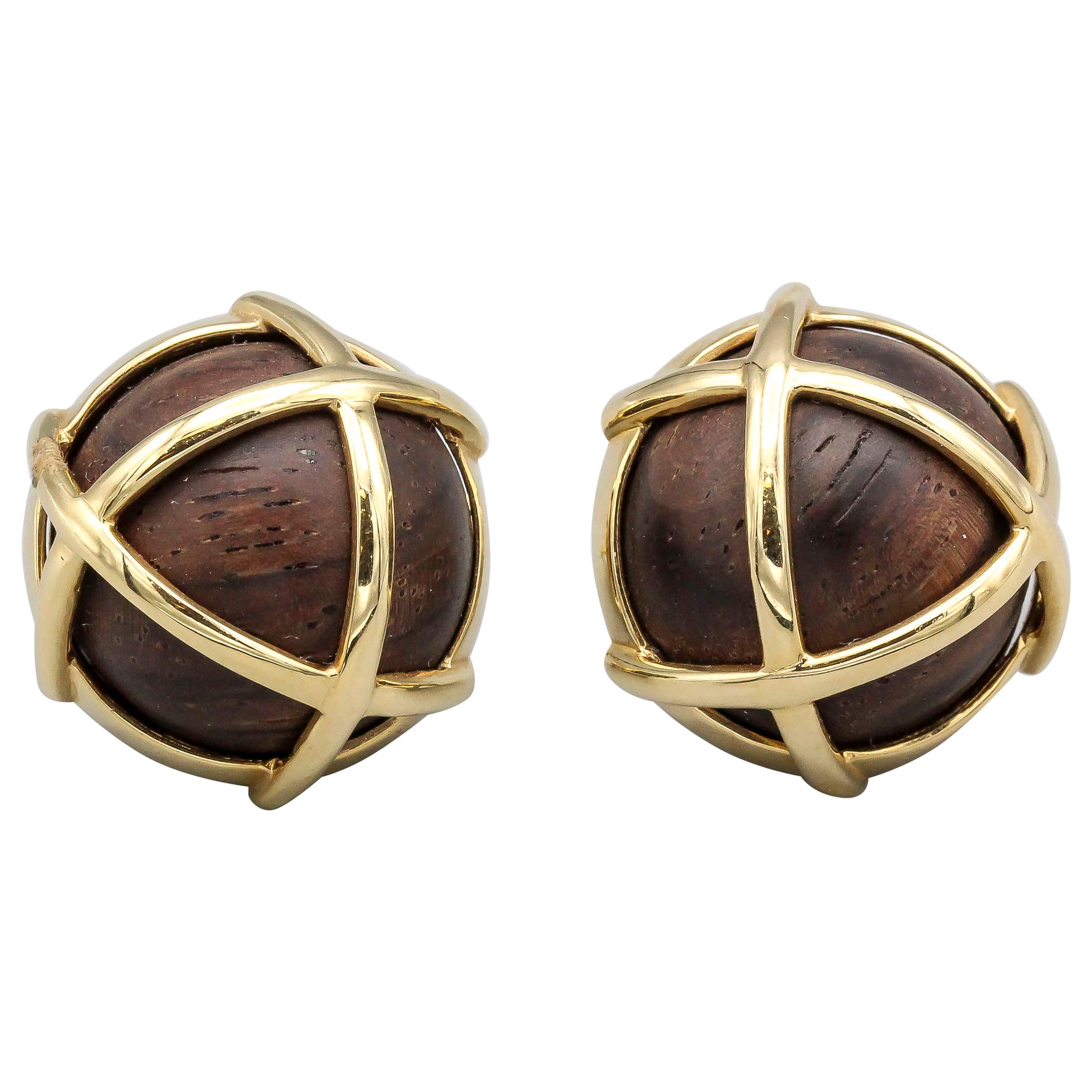 Verdura "Caged" Cocobola Wood and Gold Earclips