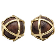 Verdura "Caged" Cocobola Wood and Gold Earclips