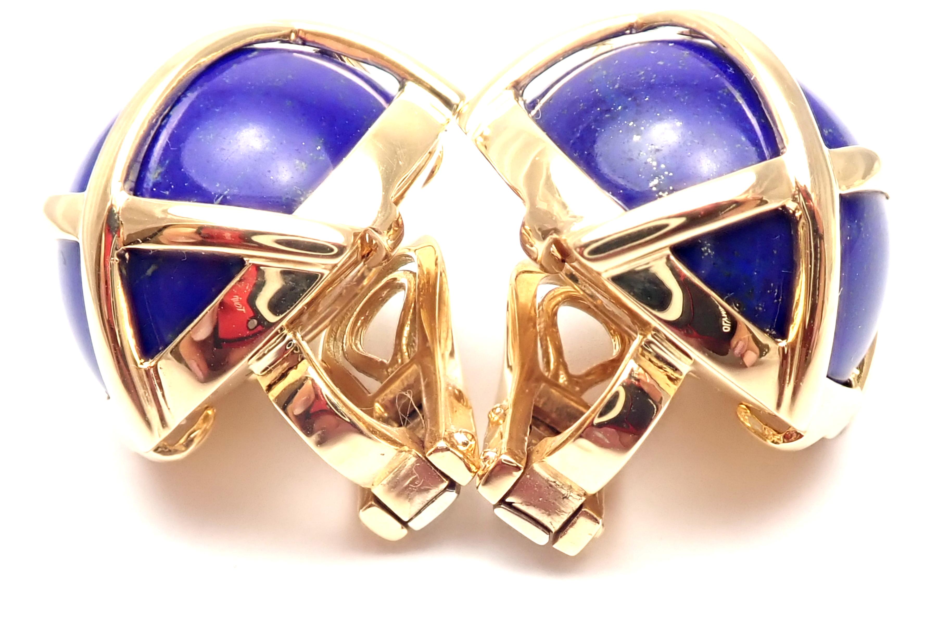 18k Yellow Gold Lapis Lazuli Caged Earrings by Verdura. 
With 2 lapis lazuli stones 22mm.
These earrings are for non pierced ears.
Details:
Measurements: 22mm x 15mm
Weight: 29.8 grams
Stamped Hallmarks: VERDURA, 750, 5009
*Free Shipping within the
