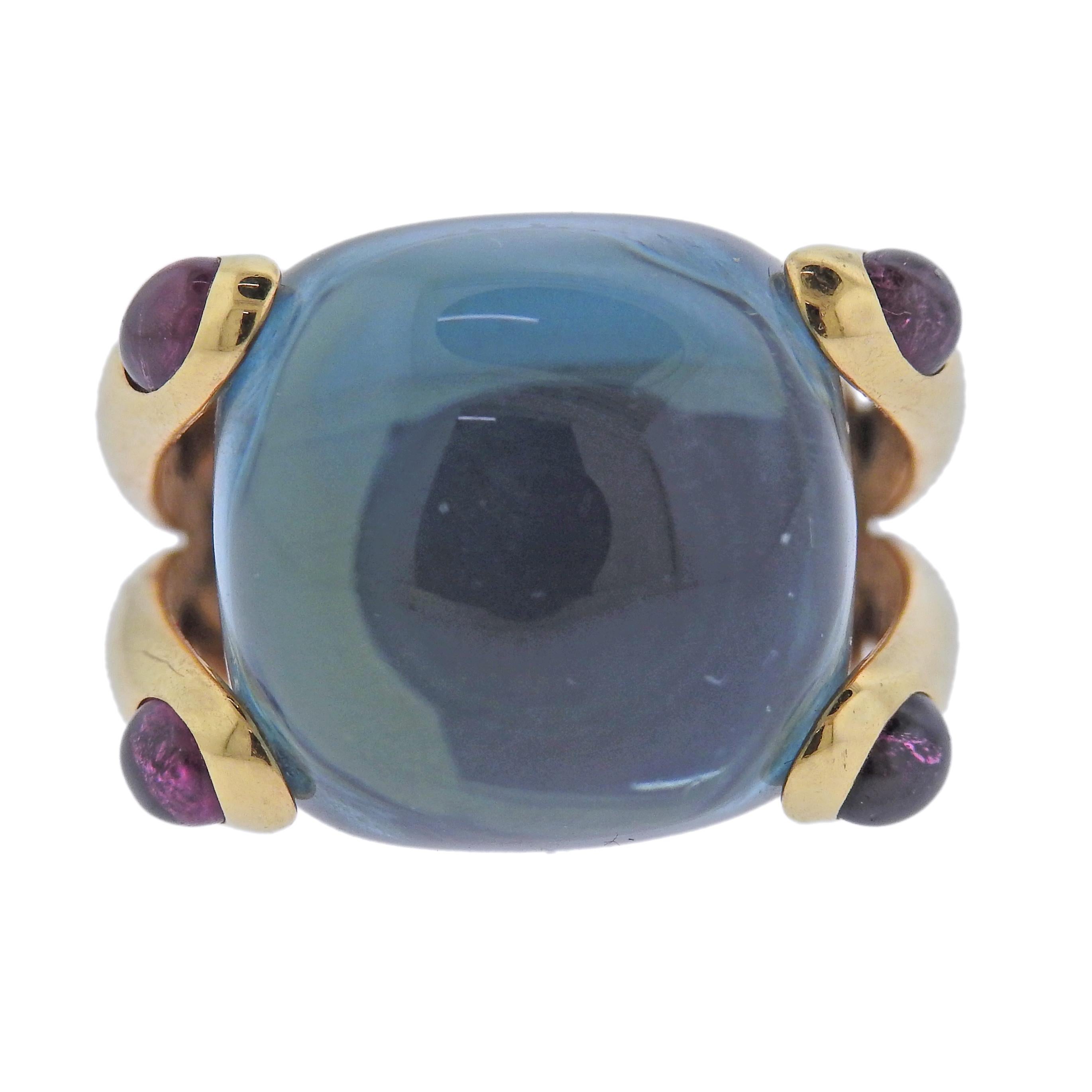18k gold Candy cocktail ring by Verdura, with blue topaz and pink tourmalines.  Ring size 4 (sizing ball can be removed to increase the size), top is 16mm x 22mm. Marked: Verdura. Weight 16.7 grams.