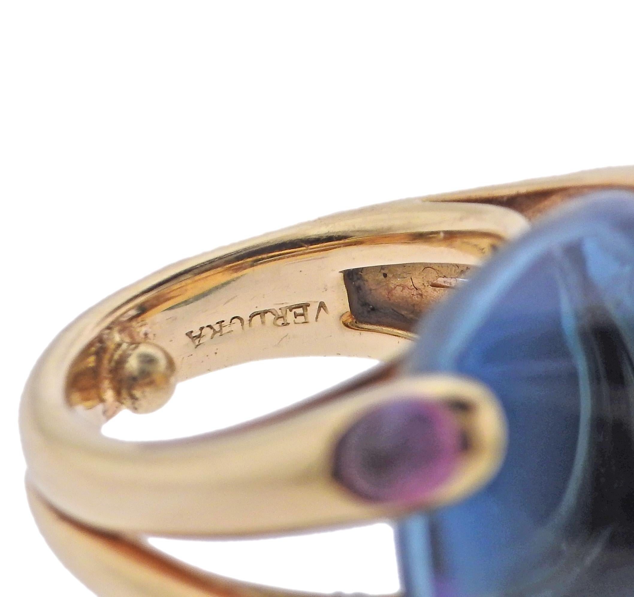 Gold-Cocktailring von Verdura mit Bonbonblauem Topas und rosa Turmalin (Cabochon) im Angebot