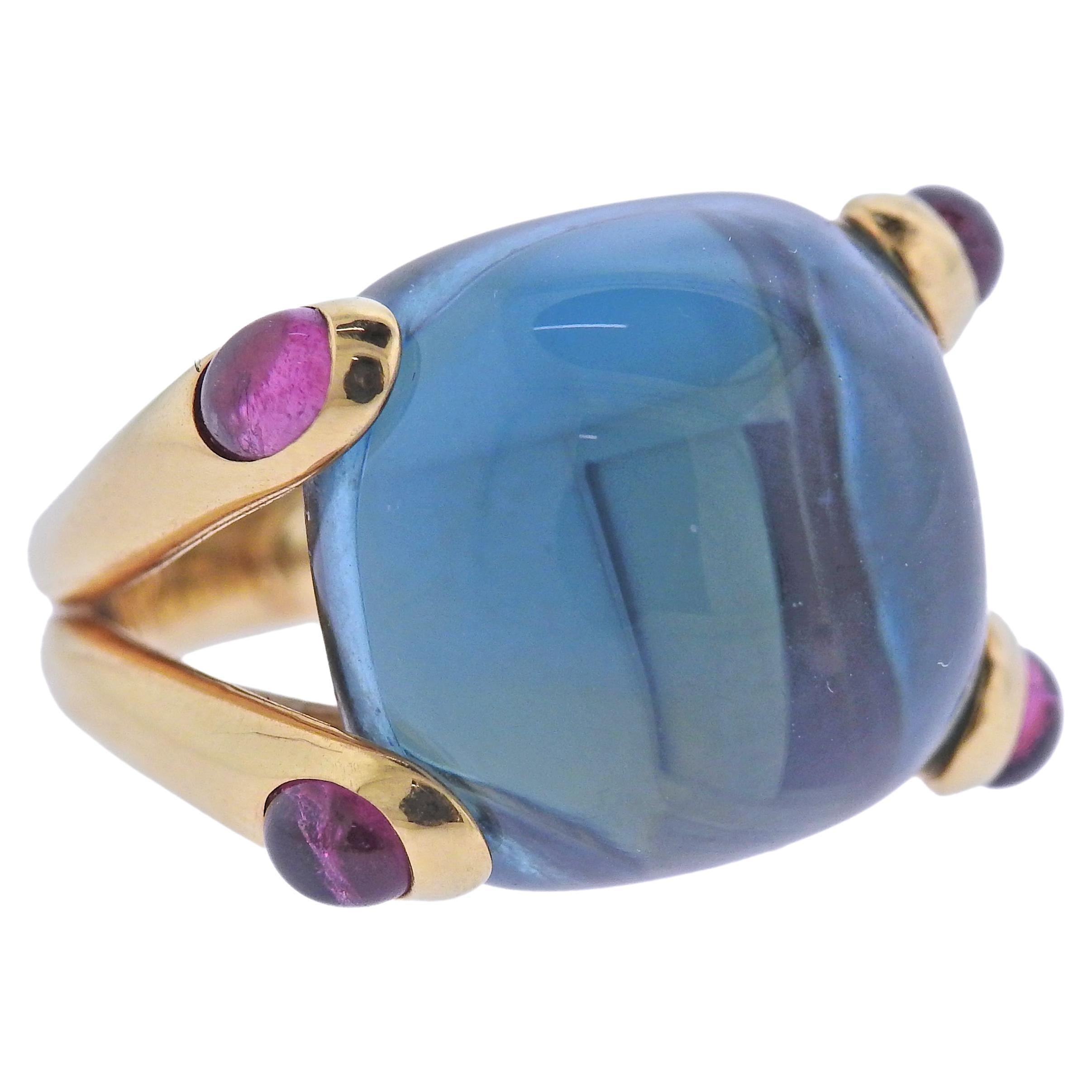 Verdura Candy Blue Topaz Pink Tourmaline Gold Cocktail Ring