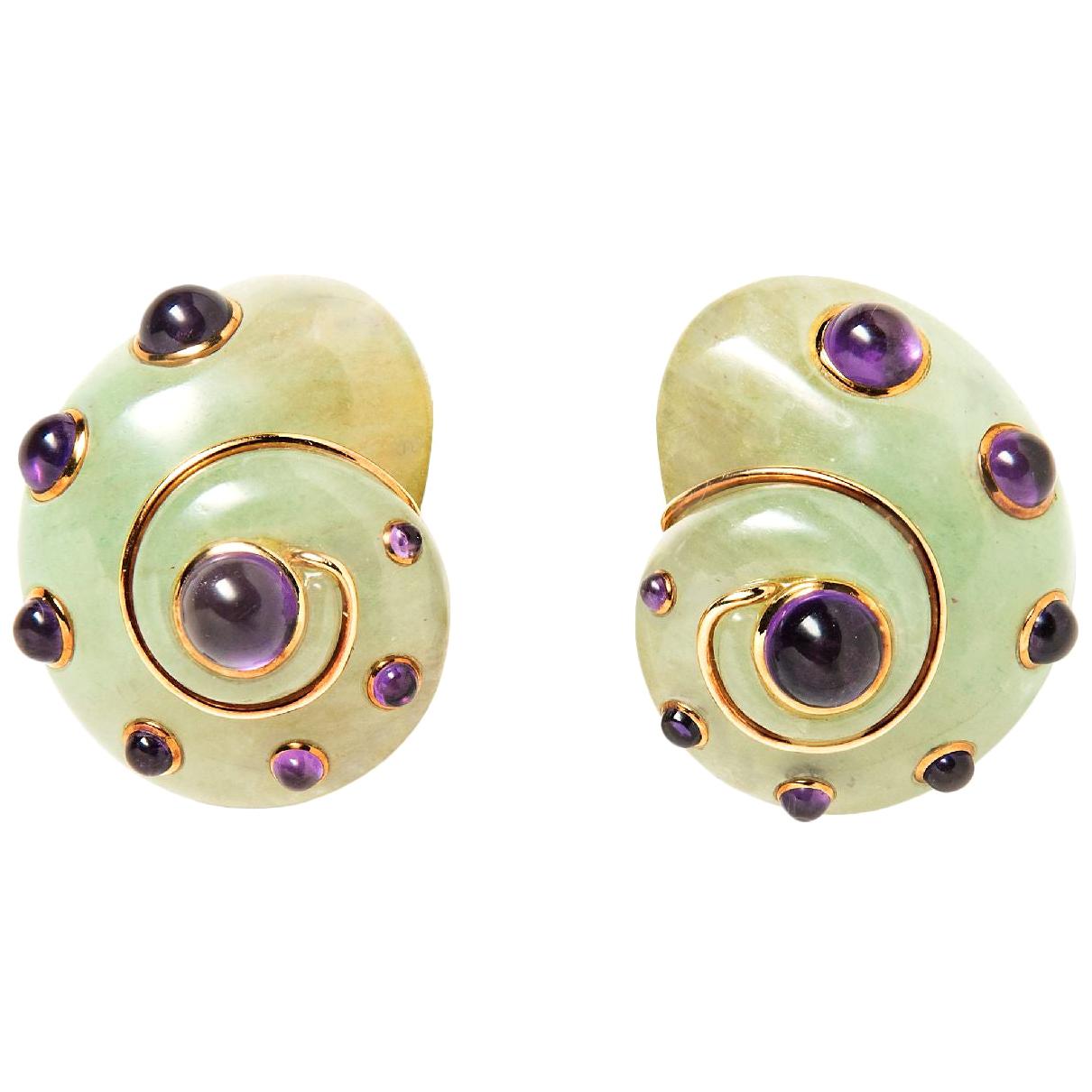 Verdura Carved Aventurine and Cabochon Amethyst Shell Ear Clips