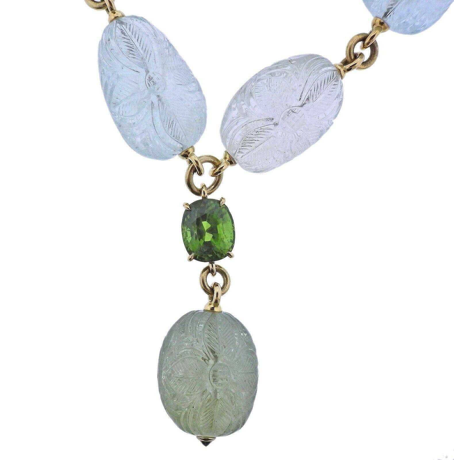 Oval Cut Verdura Carved Beryl Peridot Gold Y Necklace For Sale