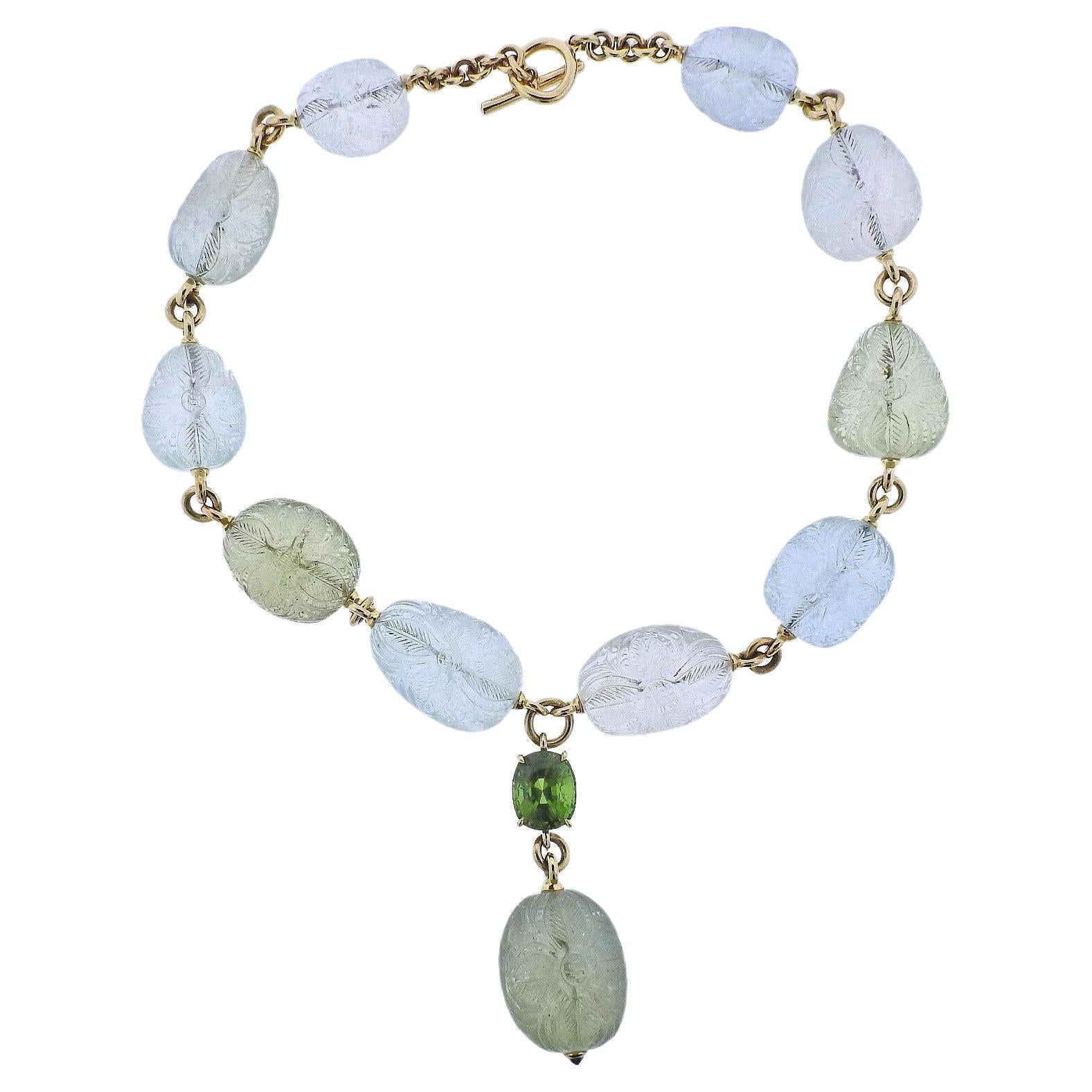 Verdura Carved Beryl Peridot Gold Y Necklace For Sale