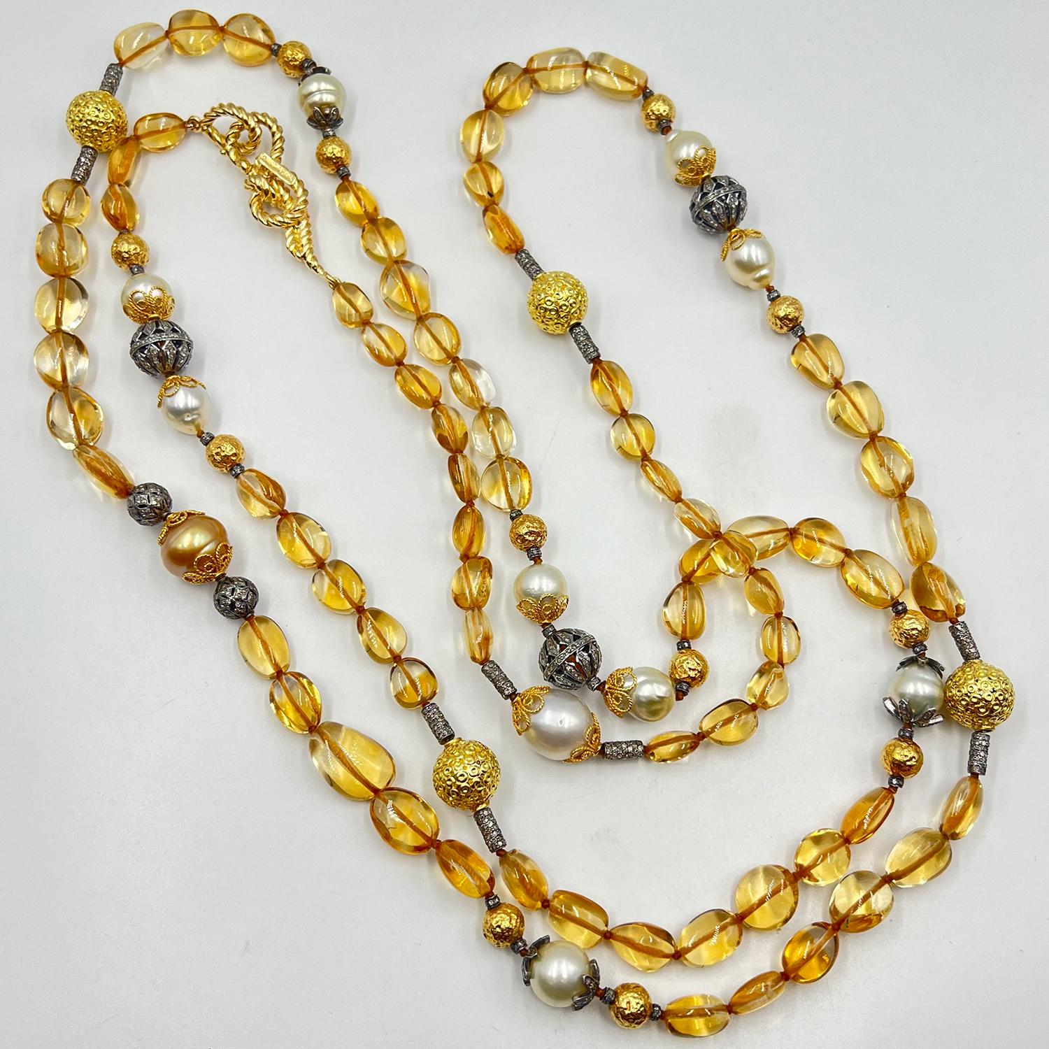 Modern Verdura Citrine Diamond Pearl Byzantine Long Necklace For Sale