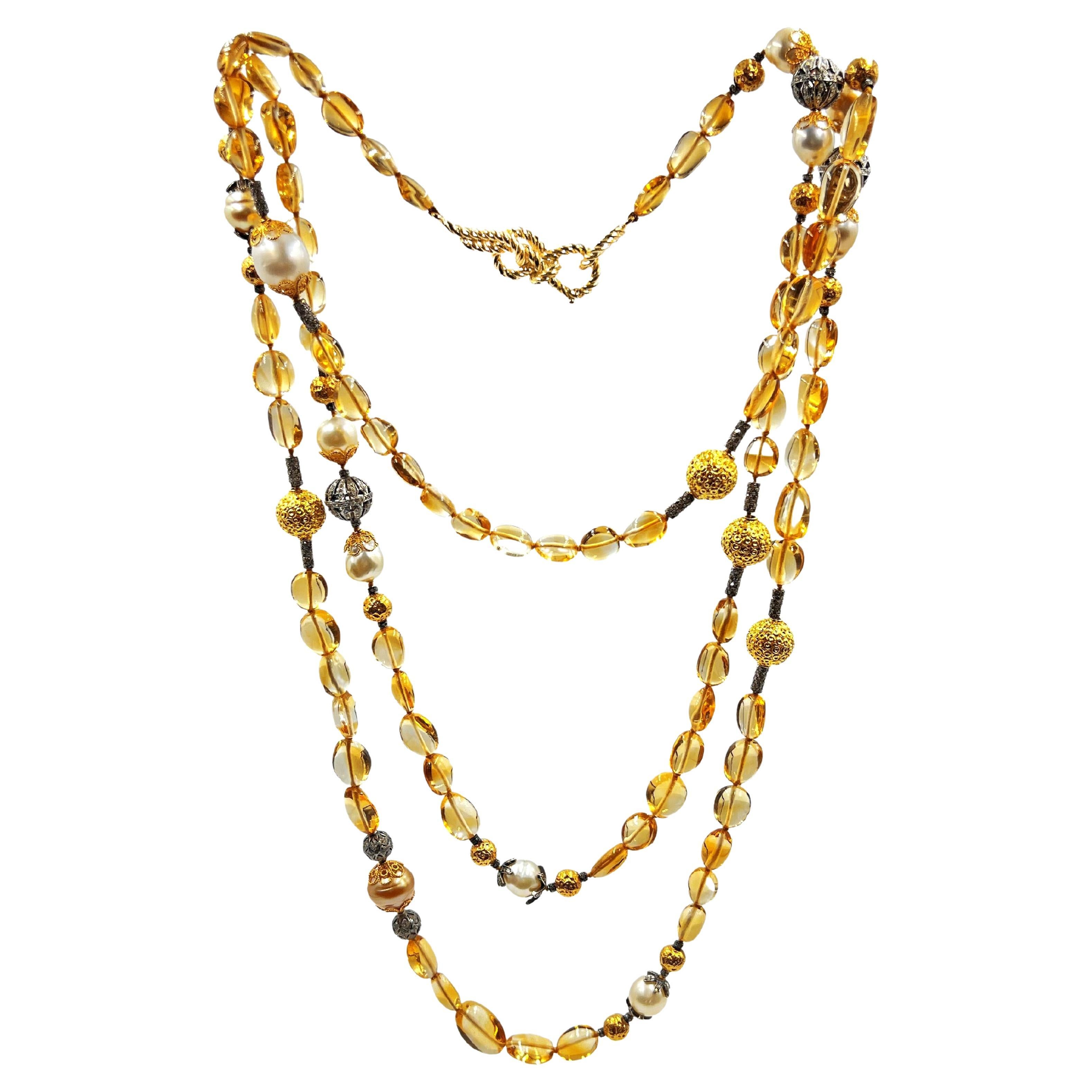 Verdura Citrin Diamant Perle Byzantinische lange Halskette im Angebot