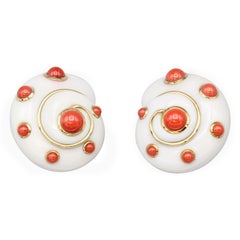 Verdura Coral and 18 Karat Gold Shell Earclips