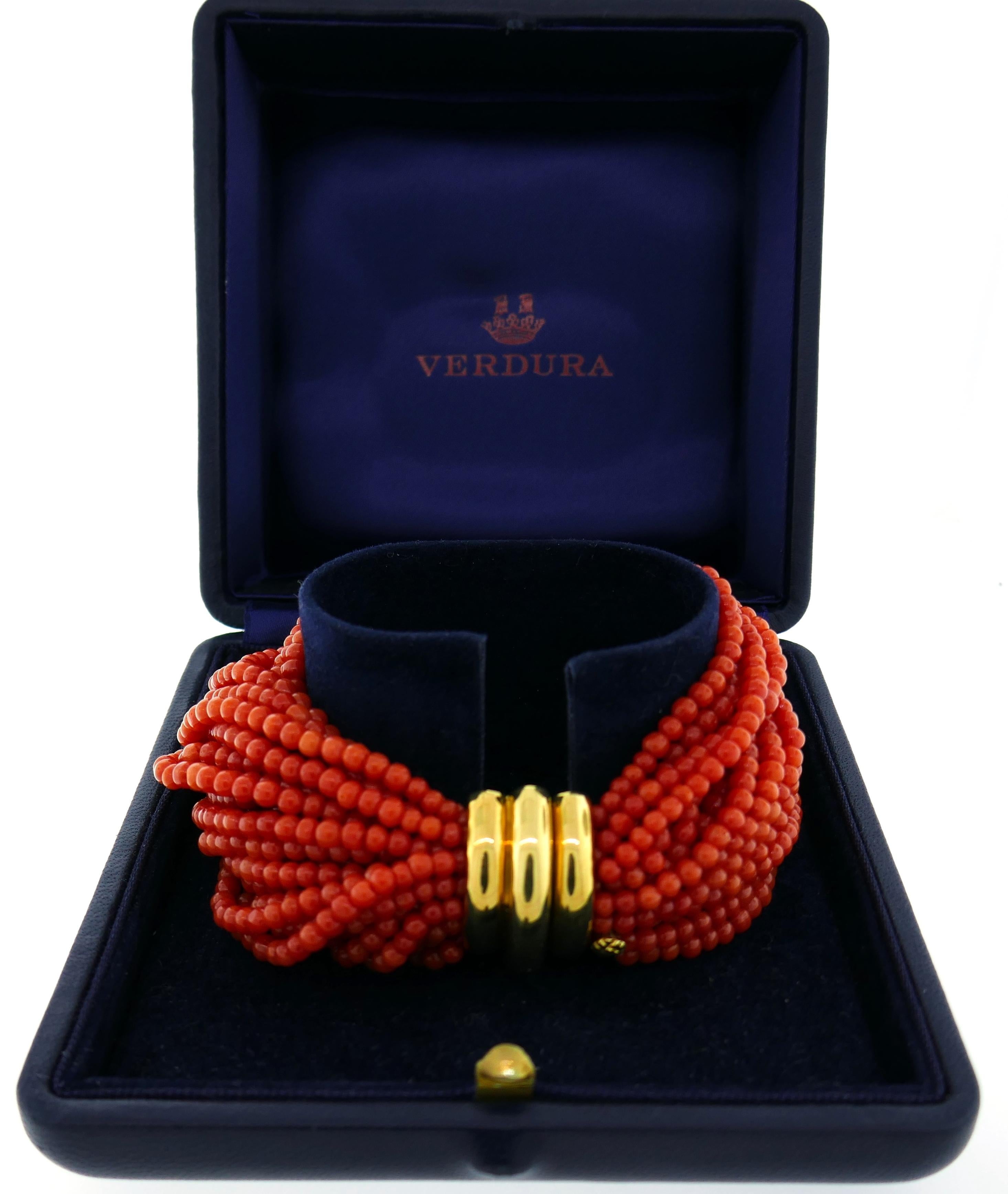 Verdura Coral Bead Multi Strand Bracelet with Yellow Gold Clasp In Excellent Condition For Sale In Beverly Hills, CA