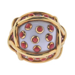 Verdura Coral Cocholong Gold Polka Dot Cocktail Ring