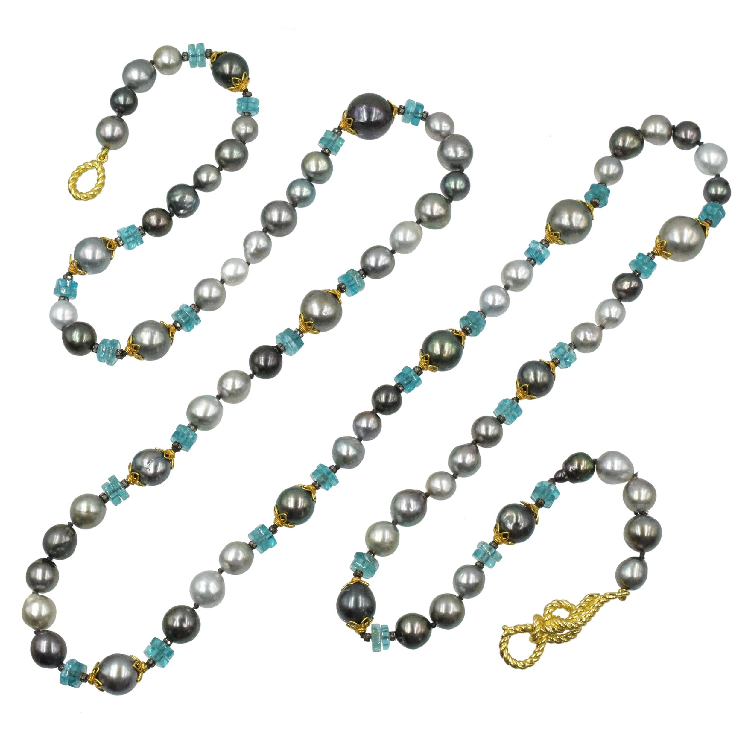 Verdura Cultured Pearl, Apatite and Diamond Necklace This necklace is composed of 75 gray, white and black cultured pearls measuring from 15.7mm to 9mm, interspersed with pairs of hexagonal greenblue apatite beads, further spaced by 18k yellow gold