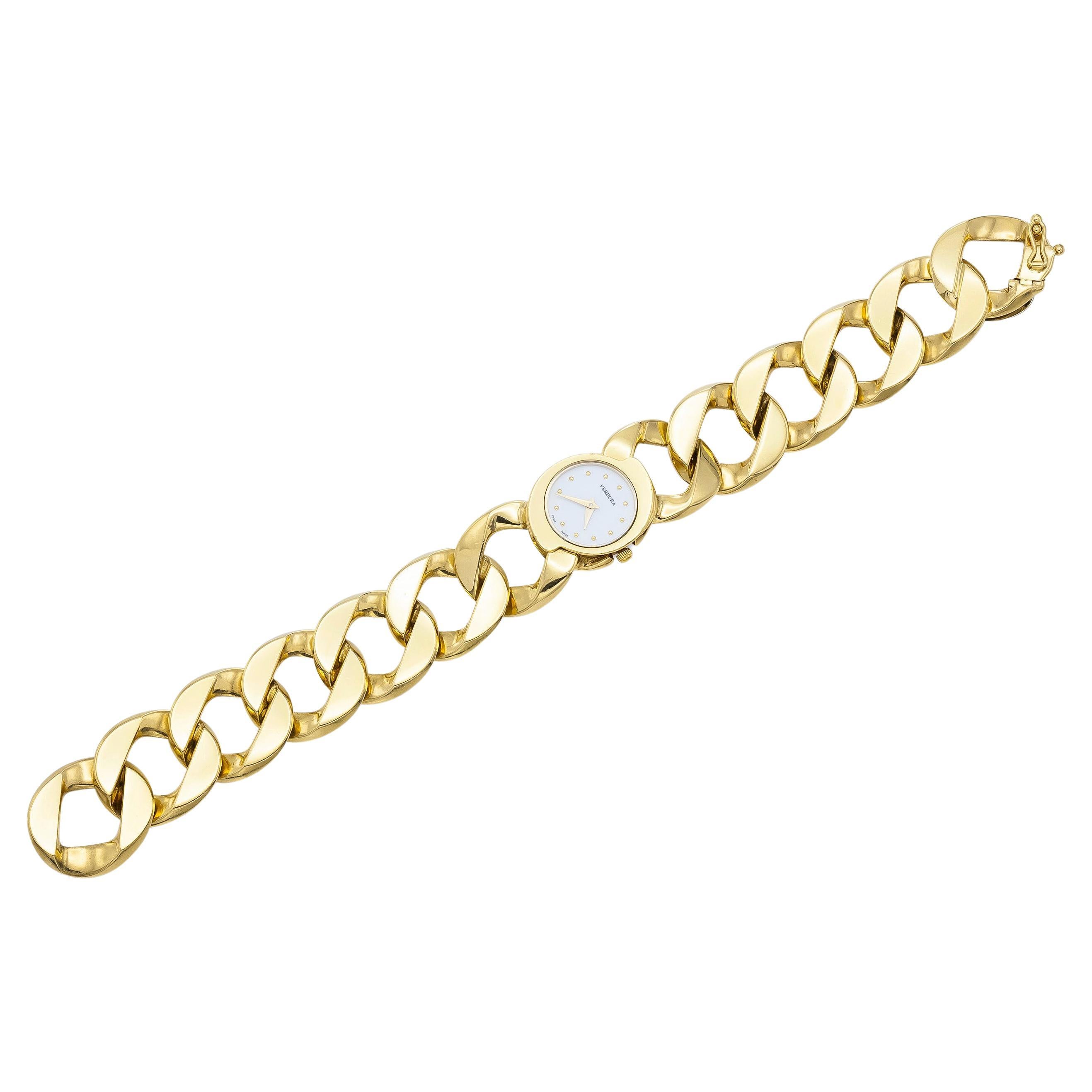 Iconic curb link bracelet design with watch crafted in 18K yellow gold. Signed by Verdura.
