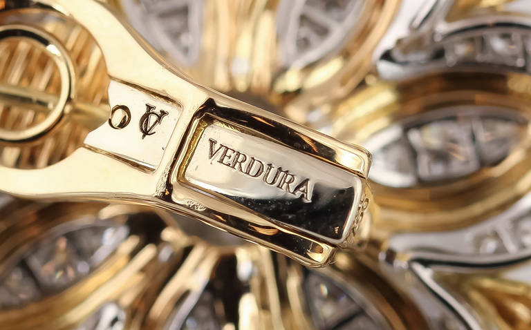 Brilliant Cut Verdura Diamond 18k Gold Platinum Primrose Earclips For Sale