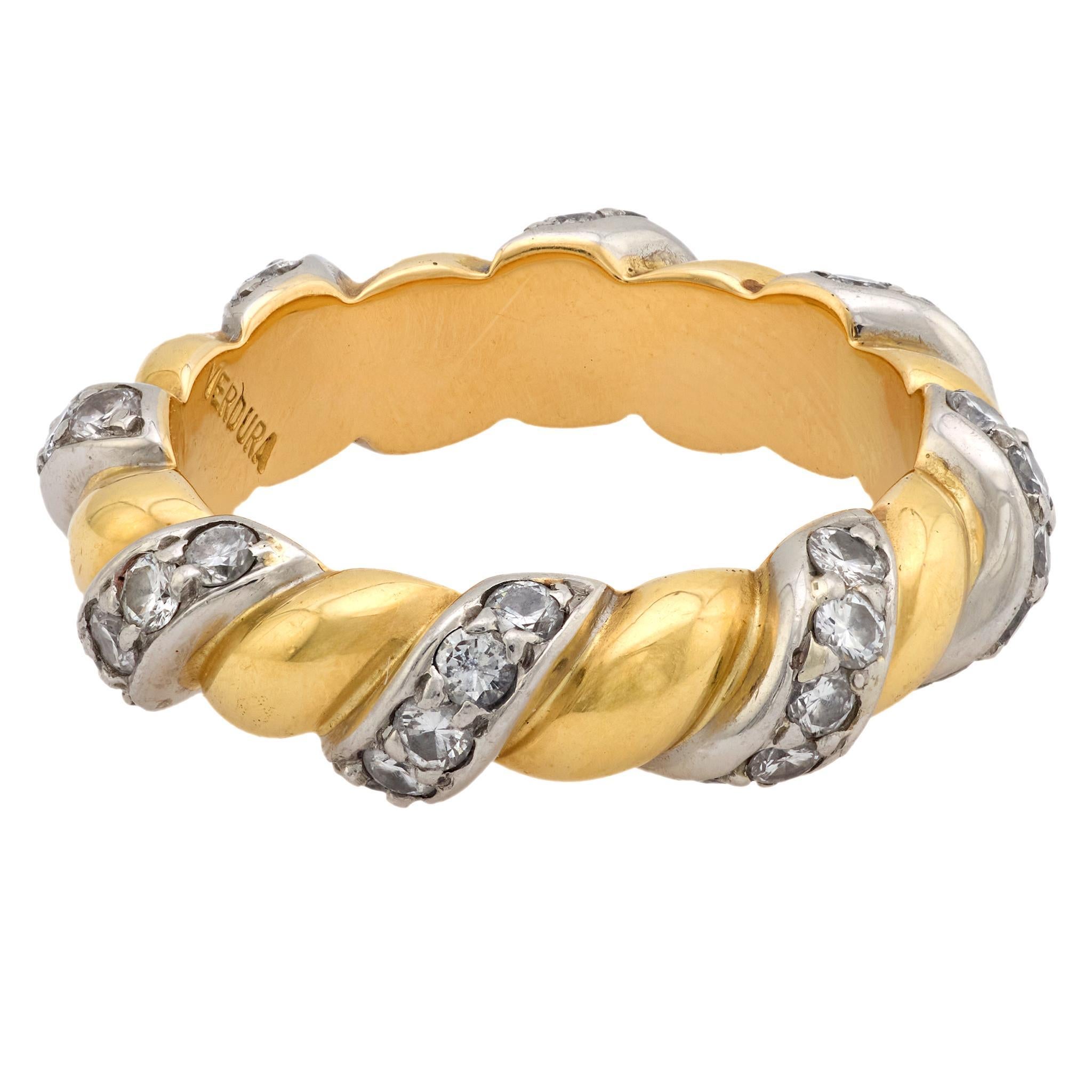 Taglio brillante Fede nuziale in oro giallo 18 carati e platino con diamante Verdura in vendita
