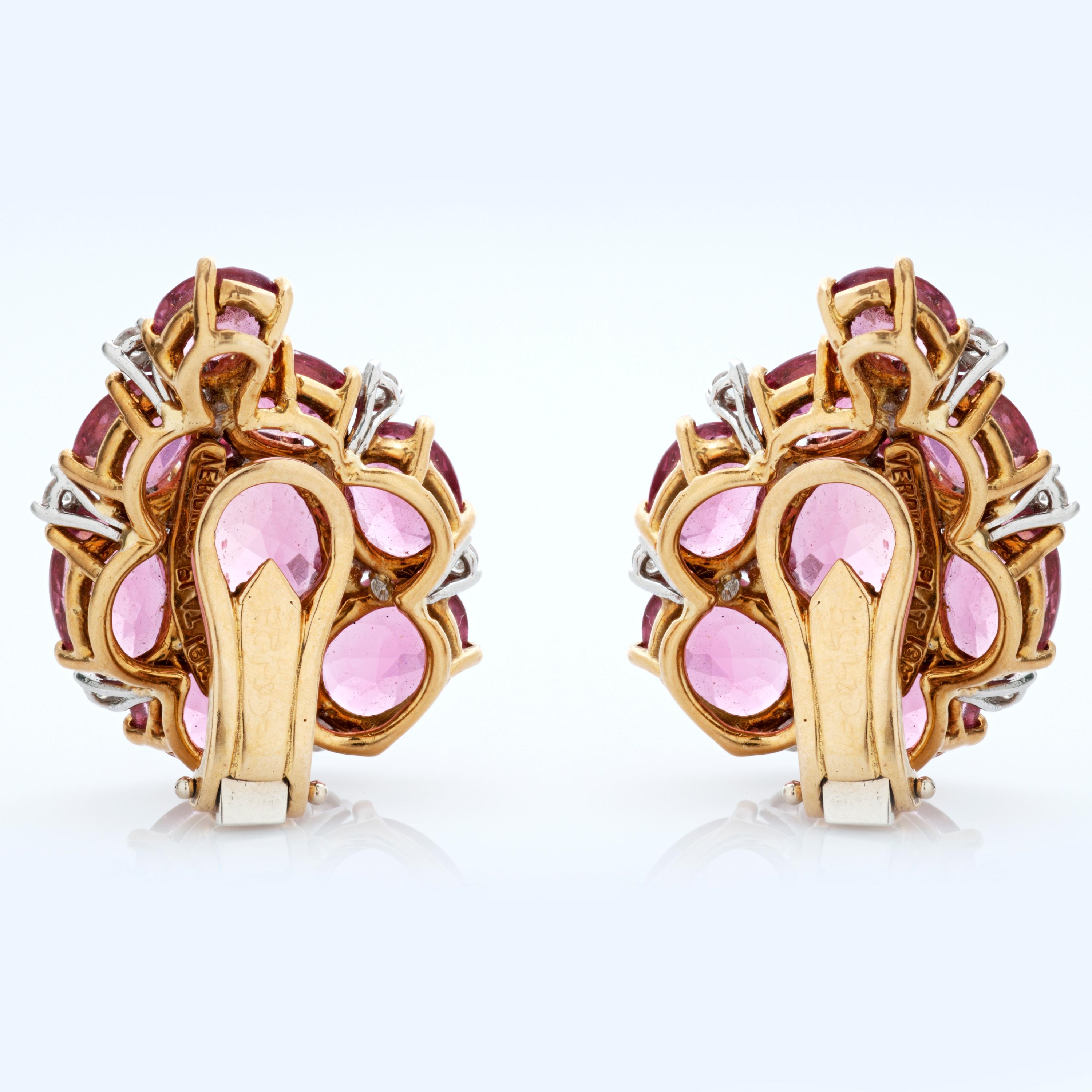 Oval Cut Verdura Diamond and Pink Tourmaline Paisley Ear Clips in 18K Yellow Gold