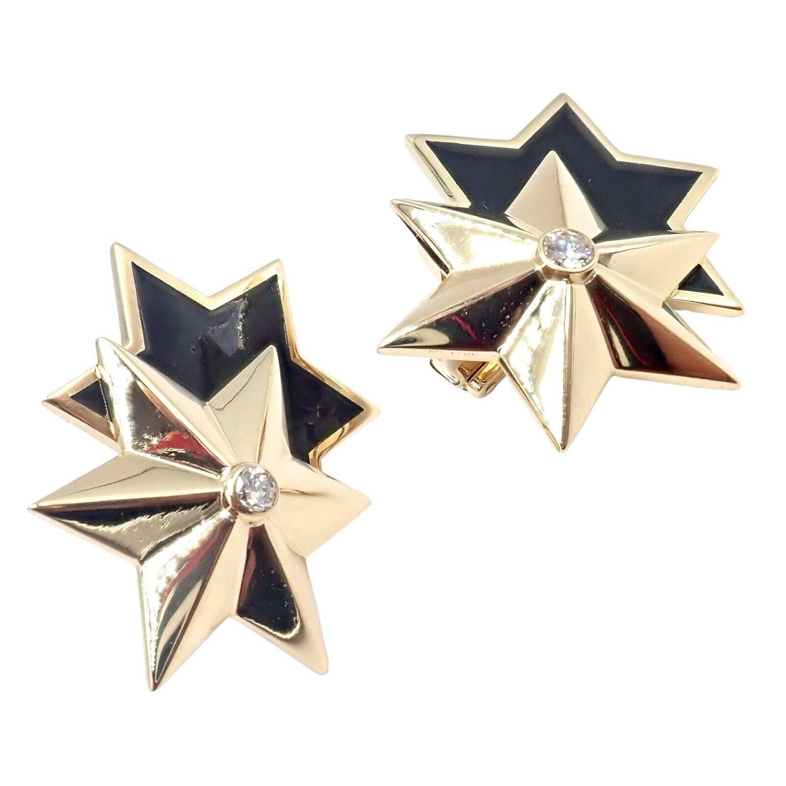 18k Yellow Gold Diamond Black Enamel Double Star earrings by Verdura. 
This Rare Authentic Verdura 18k Yellow Gold Onyx Diamond Double Star Earrings are a truly exquisite and unique piece of jewelry. Made from genuine 18k yellow gold, these earrings