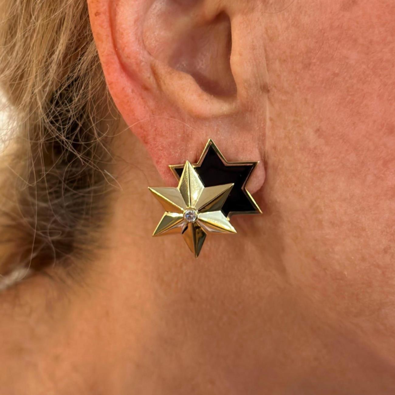 Brilliant Cut Verdura Diamond Black Enamel Double Star Yellow Gold Earrings For Sale
