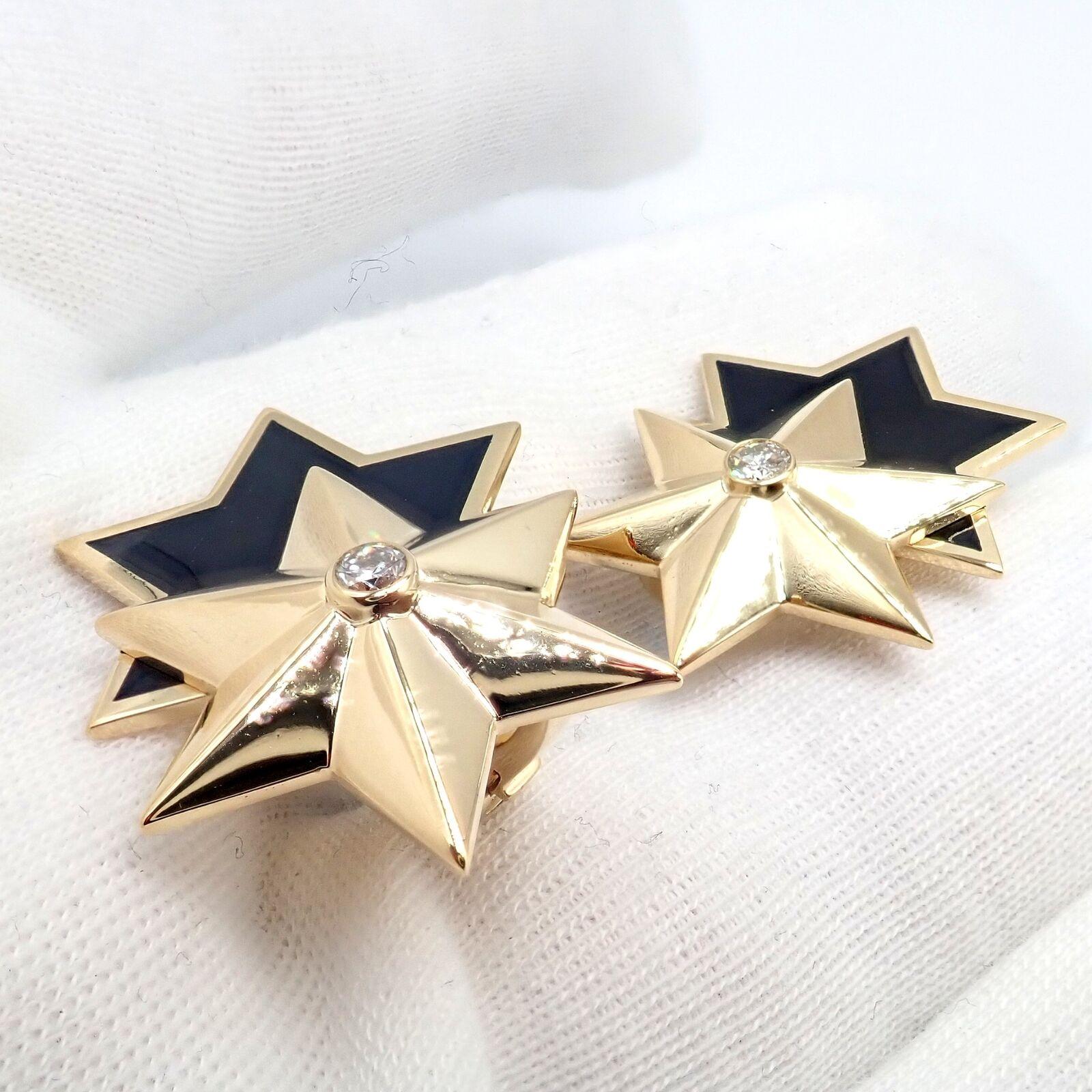 Verdura Diamond Black Enamel Double Star Yellow Gold Earrings For Sale 1