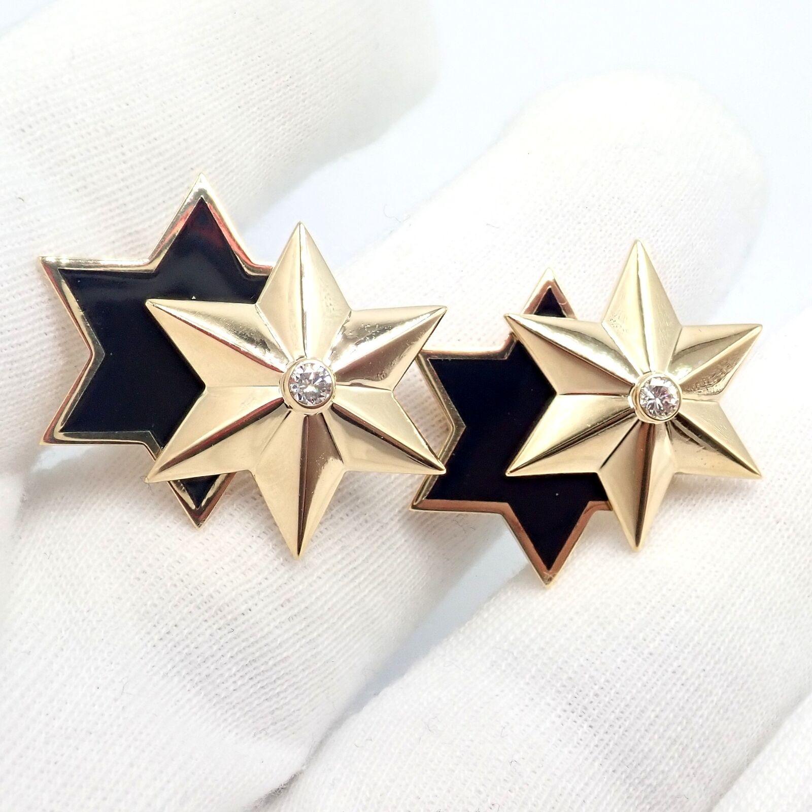 Verdura Diamond Black Enamel Double Star Yellow Gold Earrings For Sale 3