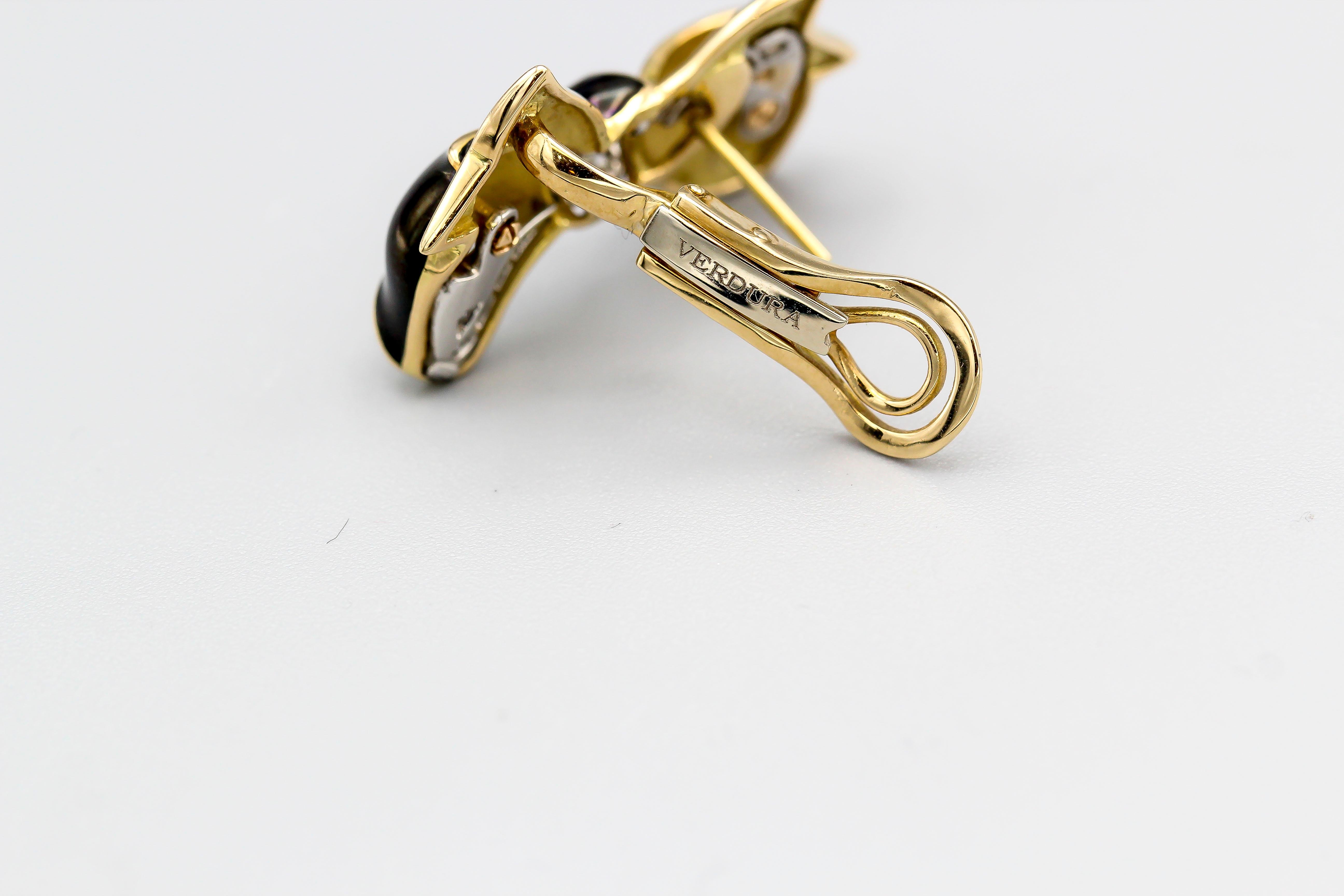 Verdura Diamond, Enamel and 18 Karat Yellow Gold Bow Earrings In Good Condition In New York, NY