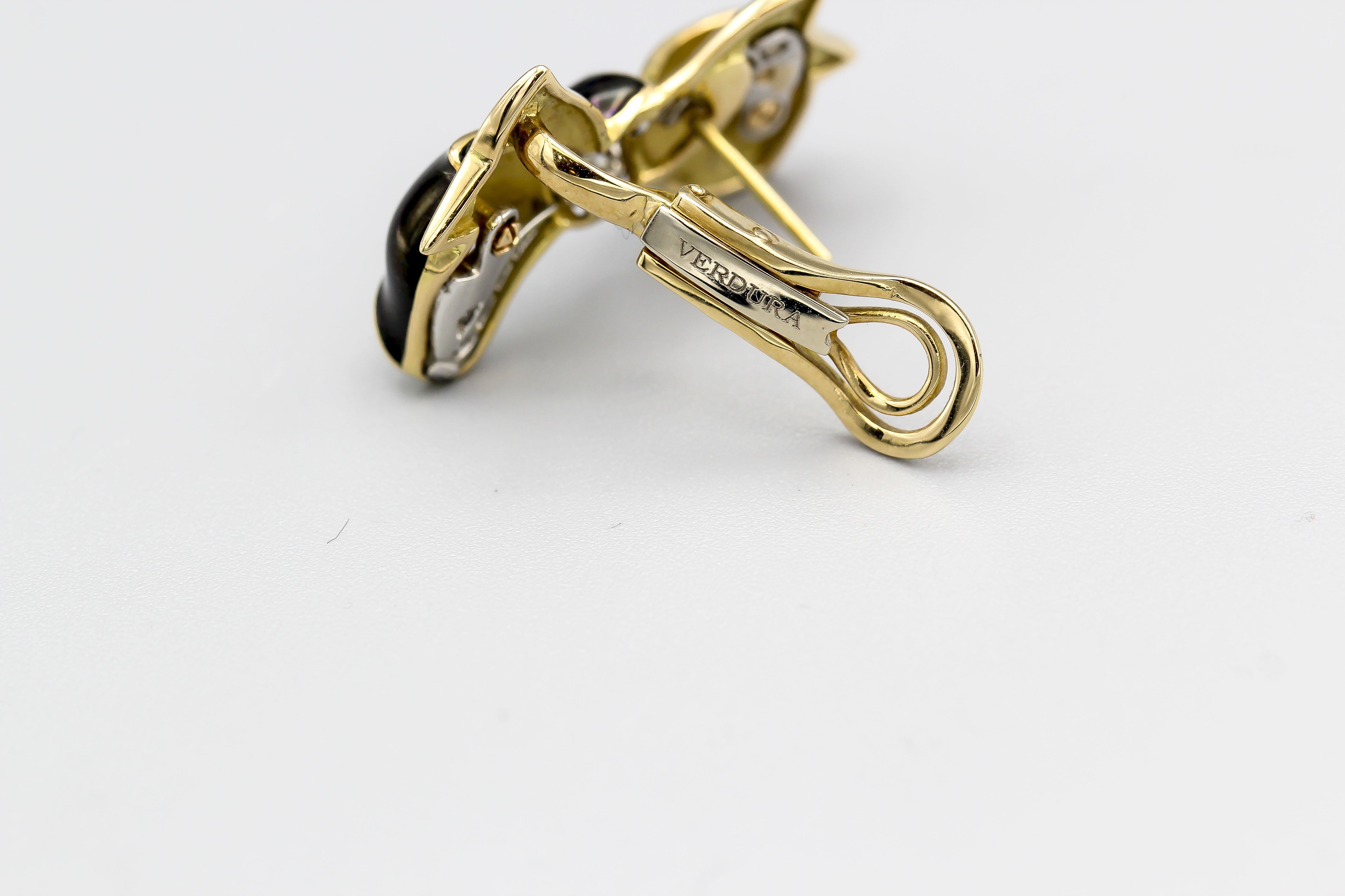 Brilliant Cut Verdura Diamond Enamel and 18 Karat Yellow Gold Bow Earrings For Sale