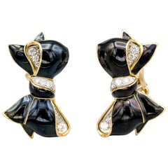 Verdura Diamond, Enamel and 18 Karat Yellow Gold Bow Earrings