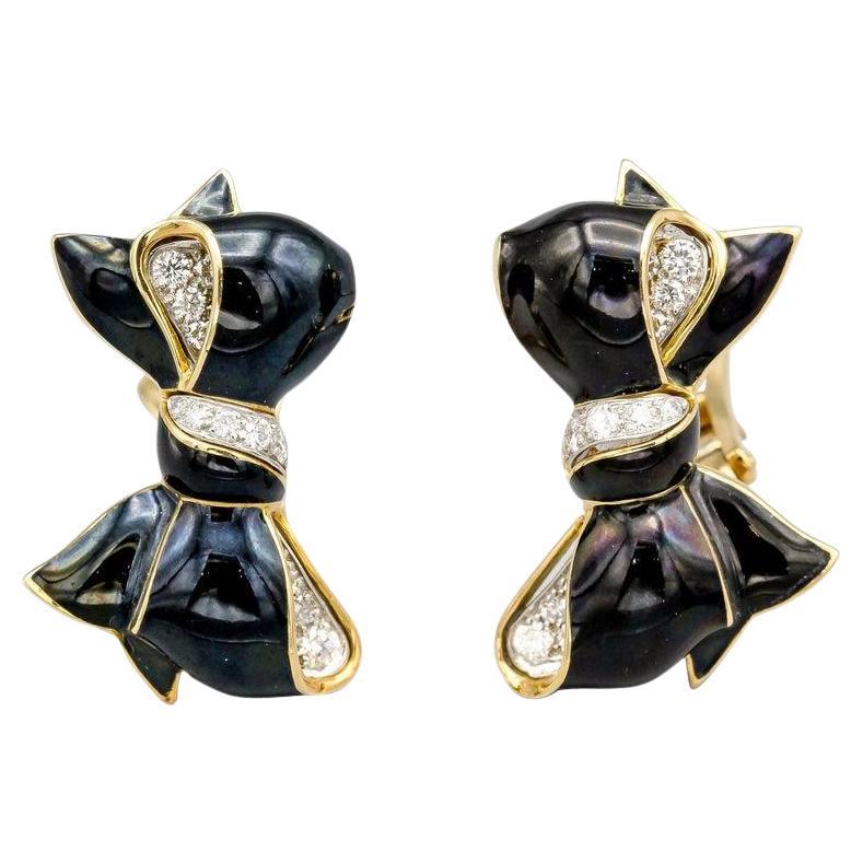 Verdura Diamond Enamel and 18 Karat Yellow Gold Bow Earrings For Sale