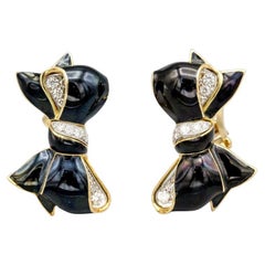 Verdura Diamond Enamel and 18 Karat Yellow Gold Bow Earrings