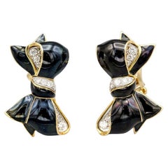 Retro Verdura Diamond Enamel and 18 Karat Yellow Gold Bow Earrings