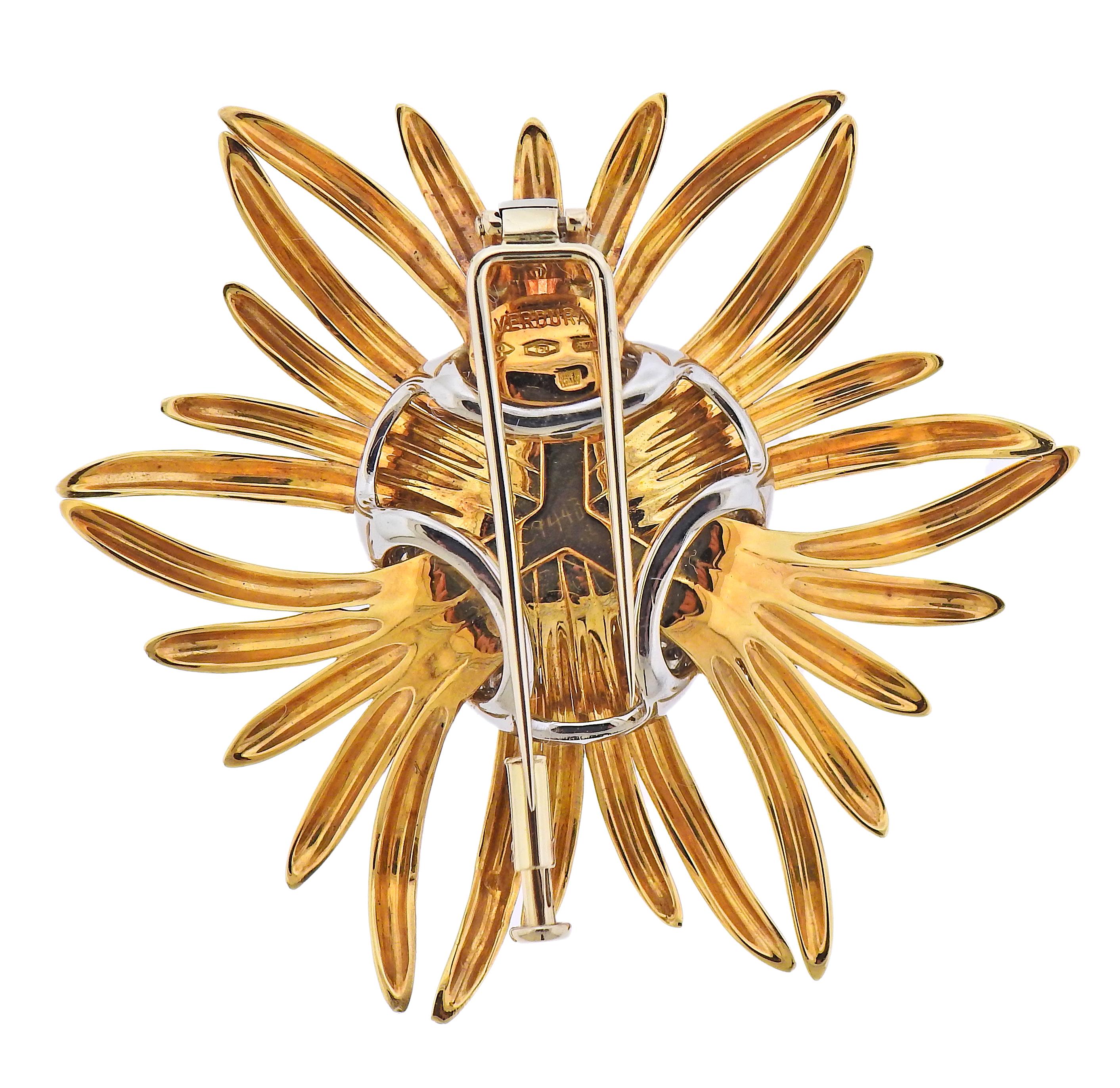 Large 18k gold brooch by Verdura. Set with approx. 1.20cts in diamonds, the brooch measures 52mm x 58m. Comes in original Verdure box. Marked: Verdura, 750, made in Italy. Weight - 31.9 grams.
