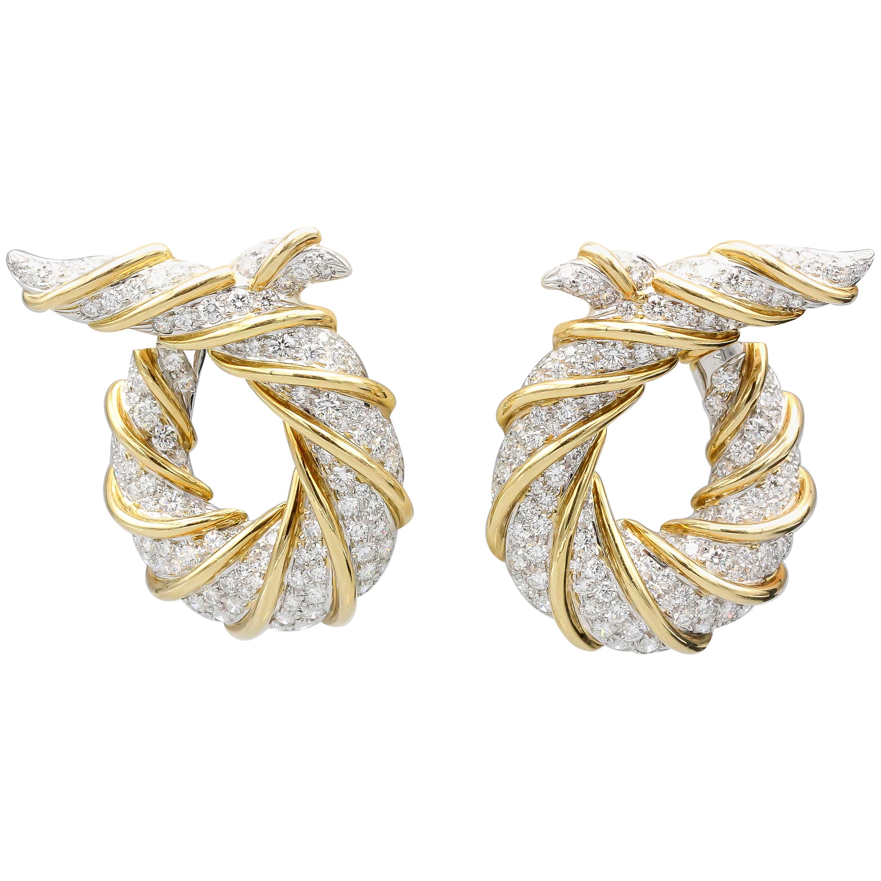 Verdura Diamond Platinum and 18 Karat Gold Twisted Horn Earclips