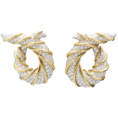 Verdura Diamond Platinum and 18 Karat Gold Twisted Horn Earclips