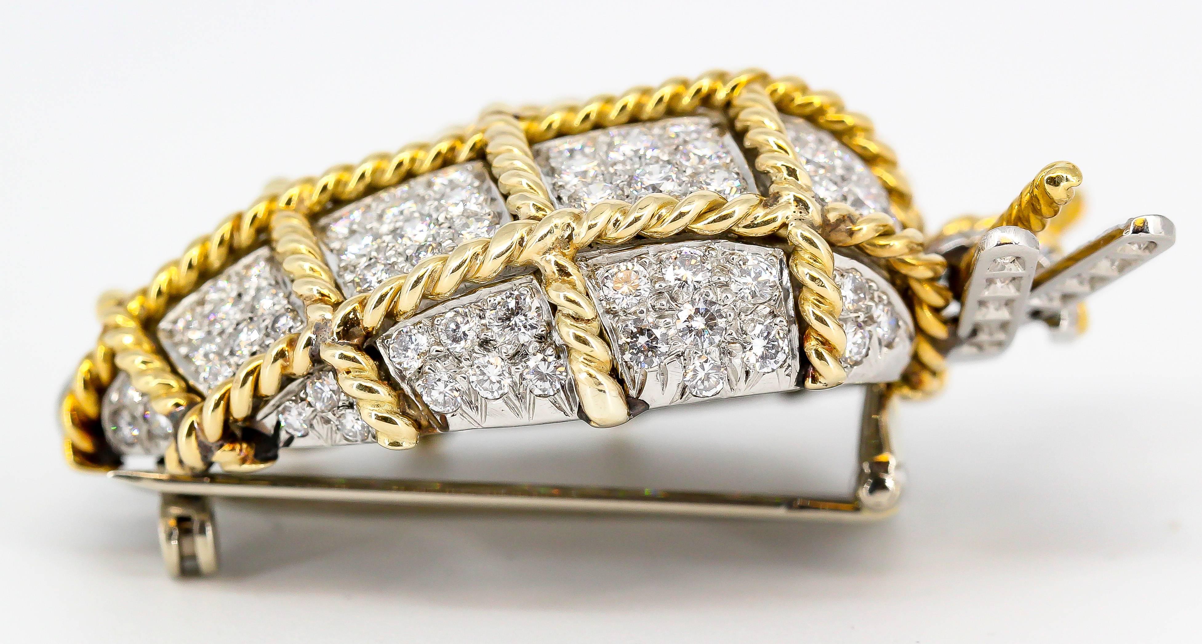 Round Cut Verdura Diamond, Platinum and Gold Wrapped Heart Brooch
