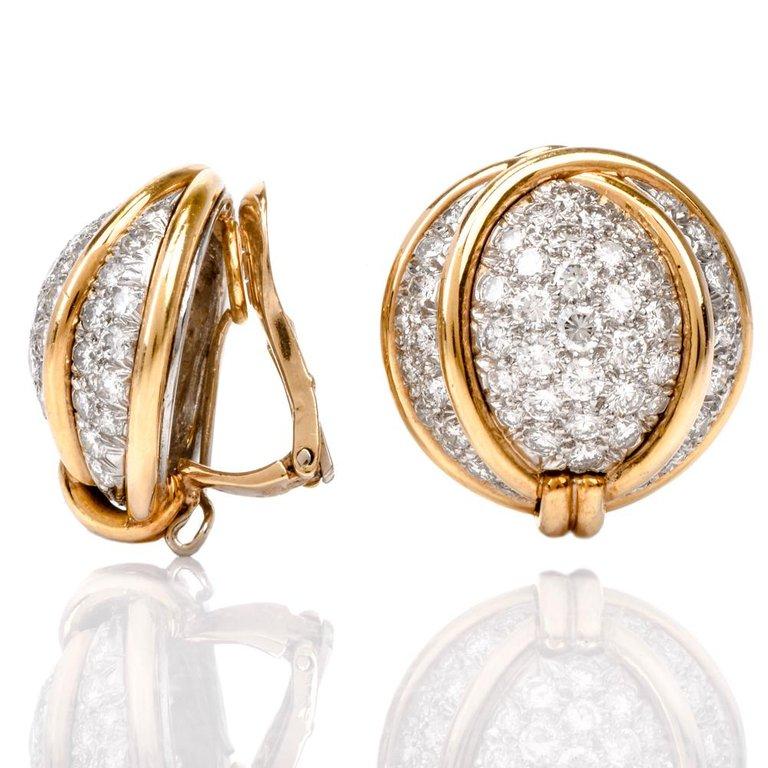 Verdura Diamond Platinum Gold Domed Clip-Back Earrings In Excellent Condition In Miami, FL