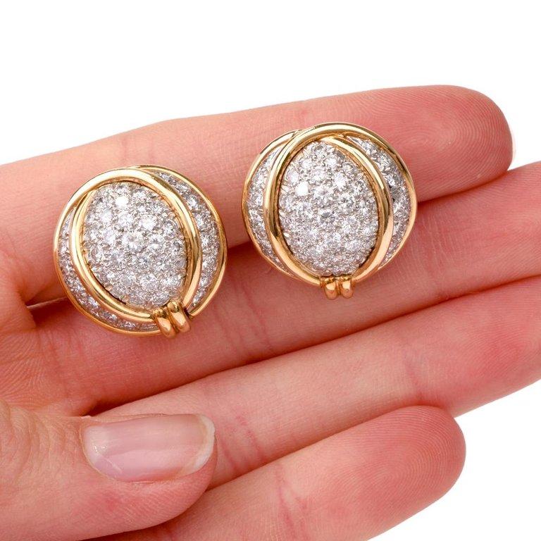 Verdura Diamond Platinum Gold Domed Clip-Back Earrings 1