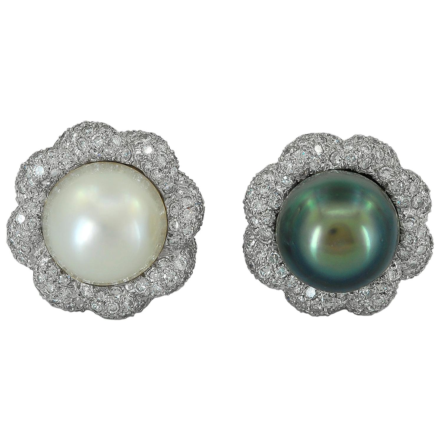 Verdura White And Black South Sea Pearl Diamond Ear Clips