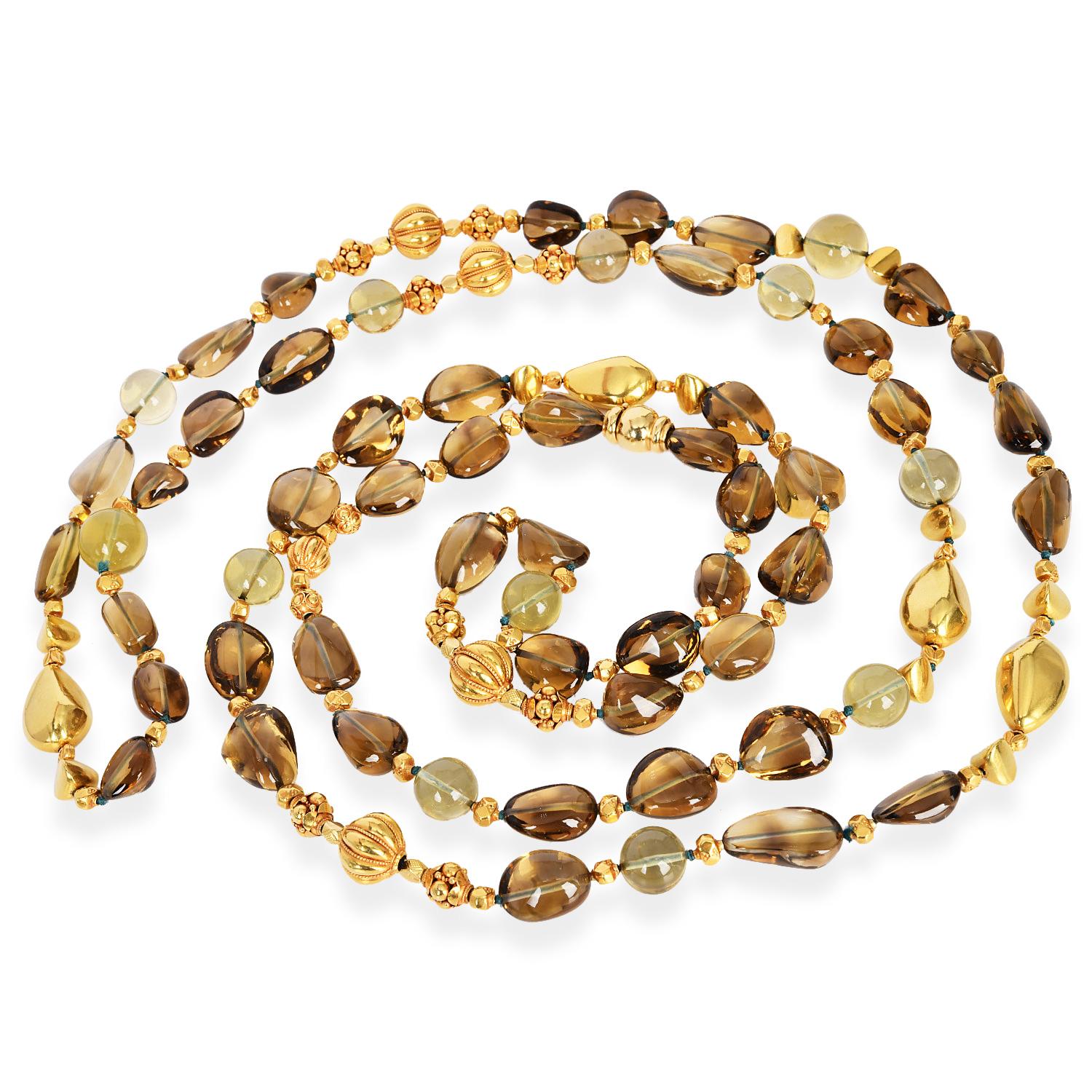 Perlina Verdura Collana extra lunga in quarzo fumé con perline in oro 18 carati in vendita